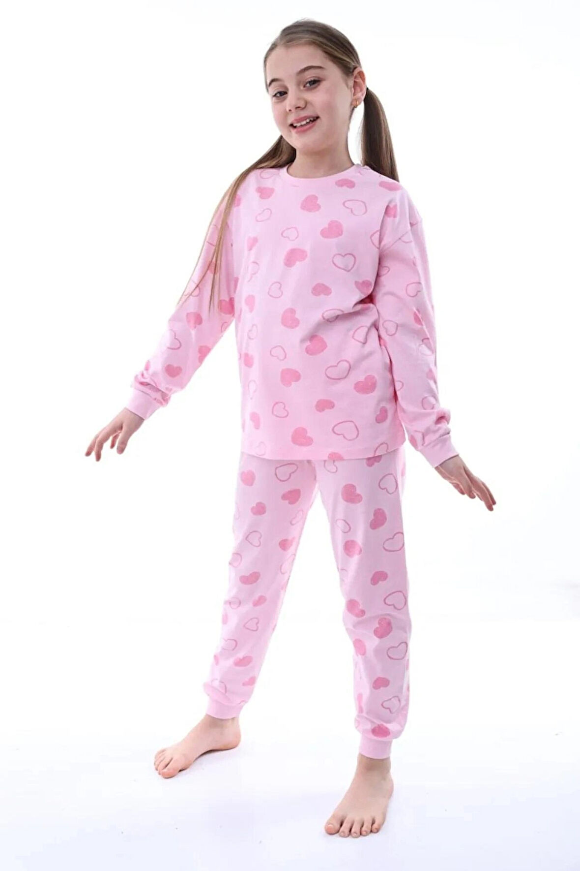 Pembe Kalp Baskılı %100 Pamuk Uzun Kollu Kız Çocuk Pijama Takımı (3,4,5,6,7,8 Yaş)