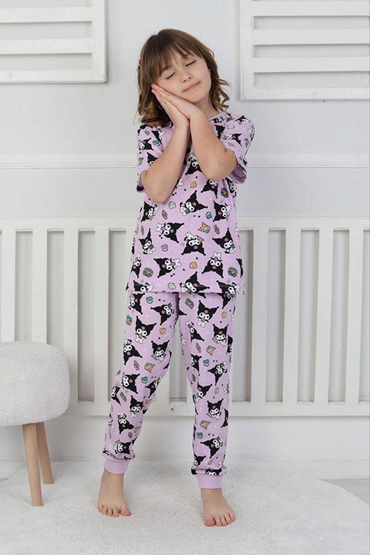 Kuromi Baskılı %100 Pamuk Kısa Kol Uzun Alt Kız Çocuk Pijama Takımı (3,4,5,6,7,8 Yaş)