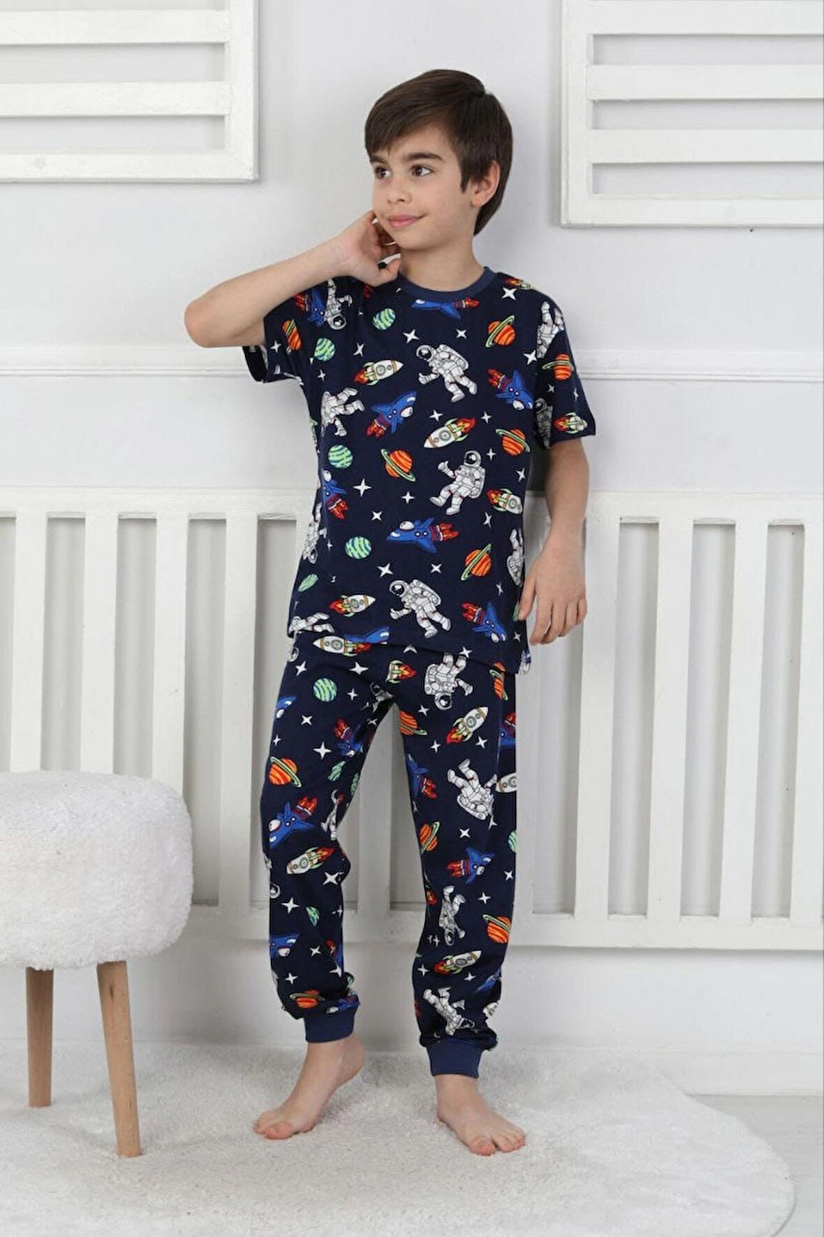 Galaxy ve Astronot Baskılı %100 Pamuk Kısa Kol Uzun Alt Erkek Pijama Takımı (3,4,5,6,7,8 Yaş)