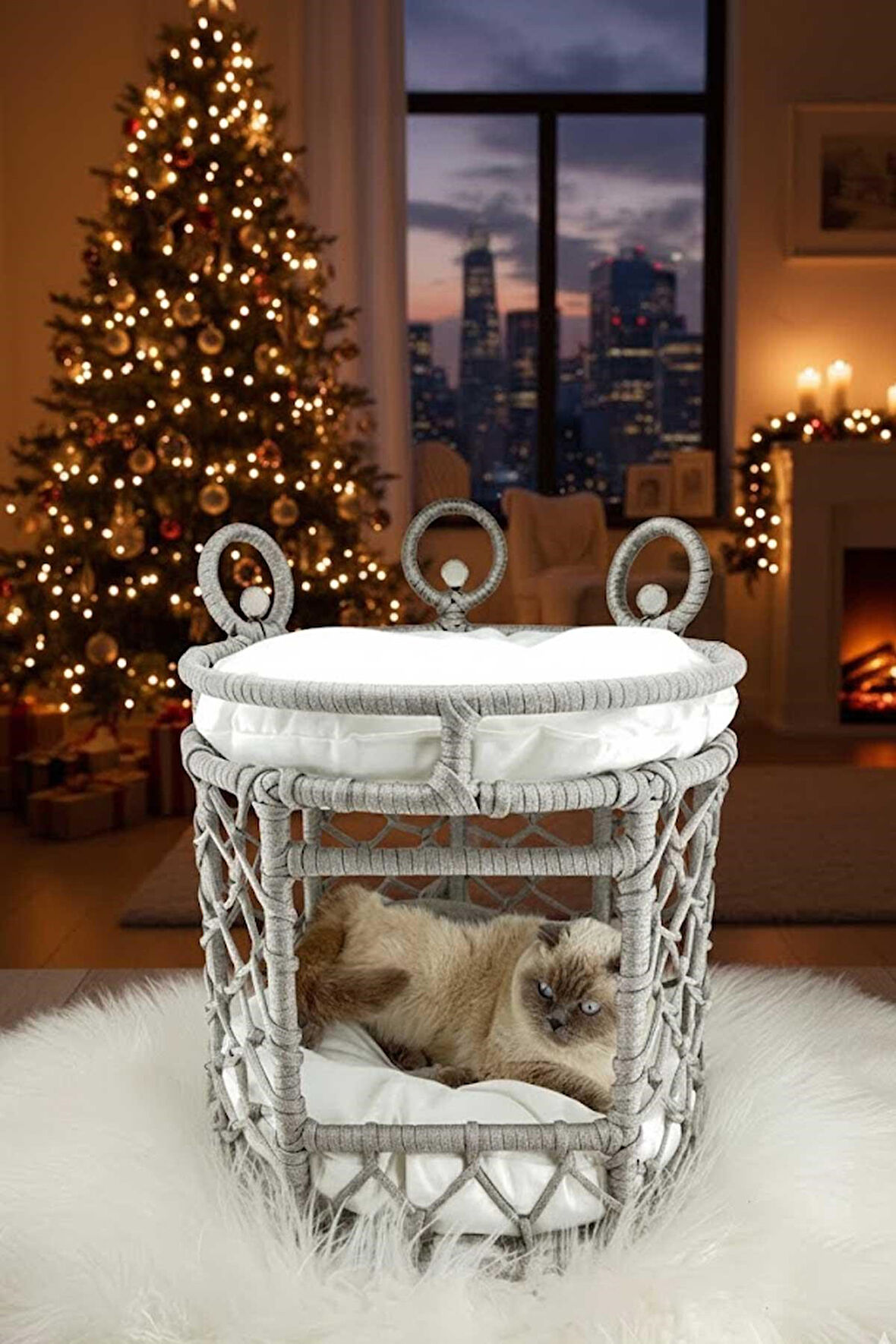 Reyo Lüxperi Kristal Taşlı İki Katlı Kedi Yatağı, Kedi Ranzası Açık Gri