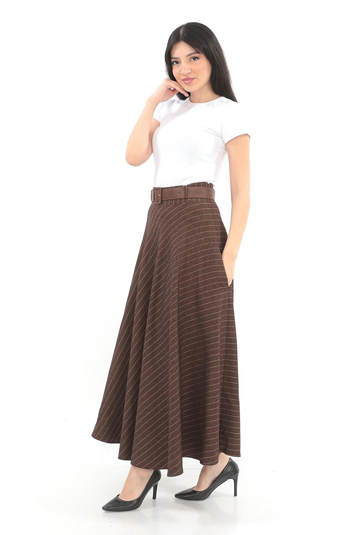 SORALLİNE KADIN KIŞLIK KLOŞ ETEK 779 KAHVE ÇİZGİLİ