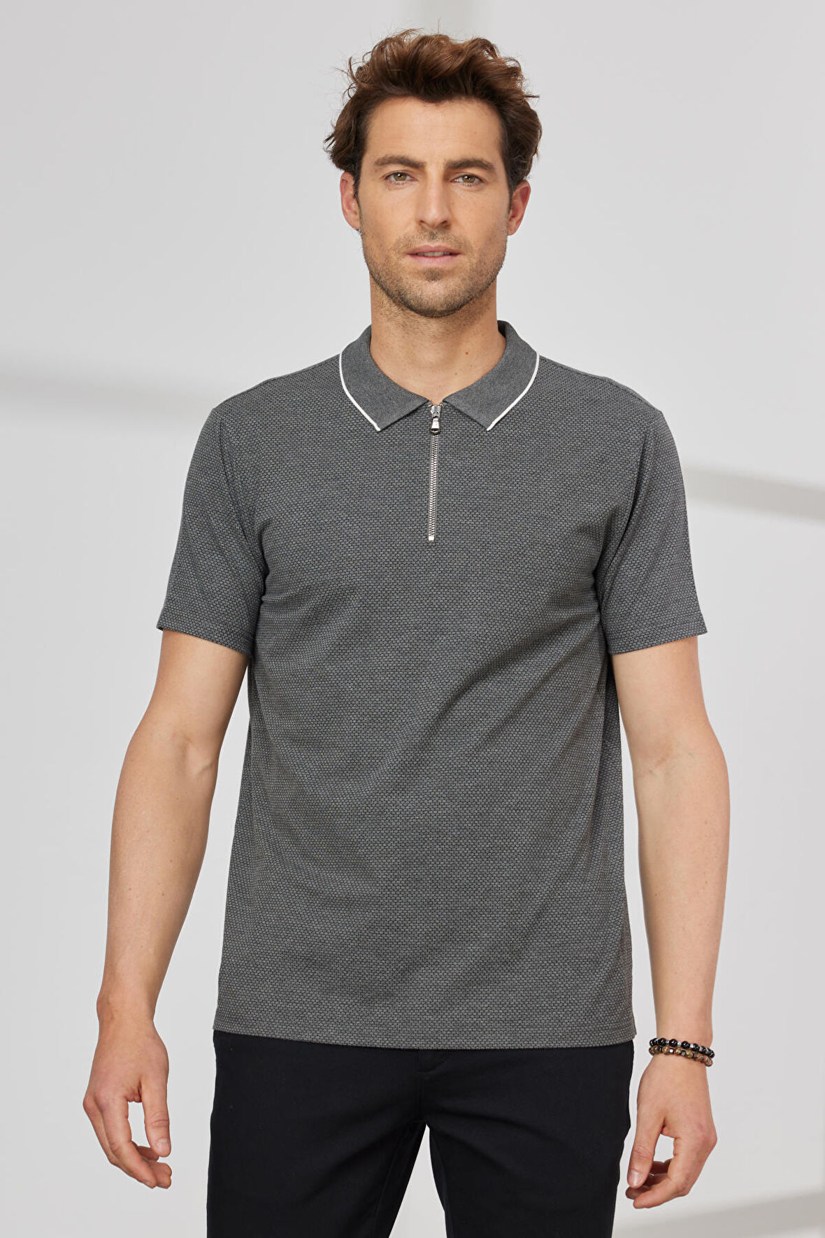 Erkek Antrasit Slim Fit Dar Kesim Polo Yaka Jakarlı Tişört