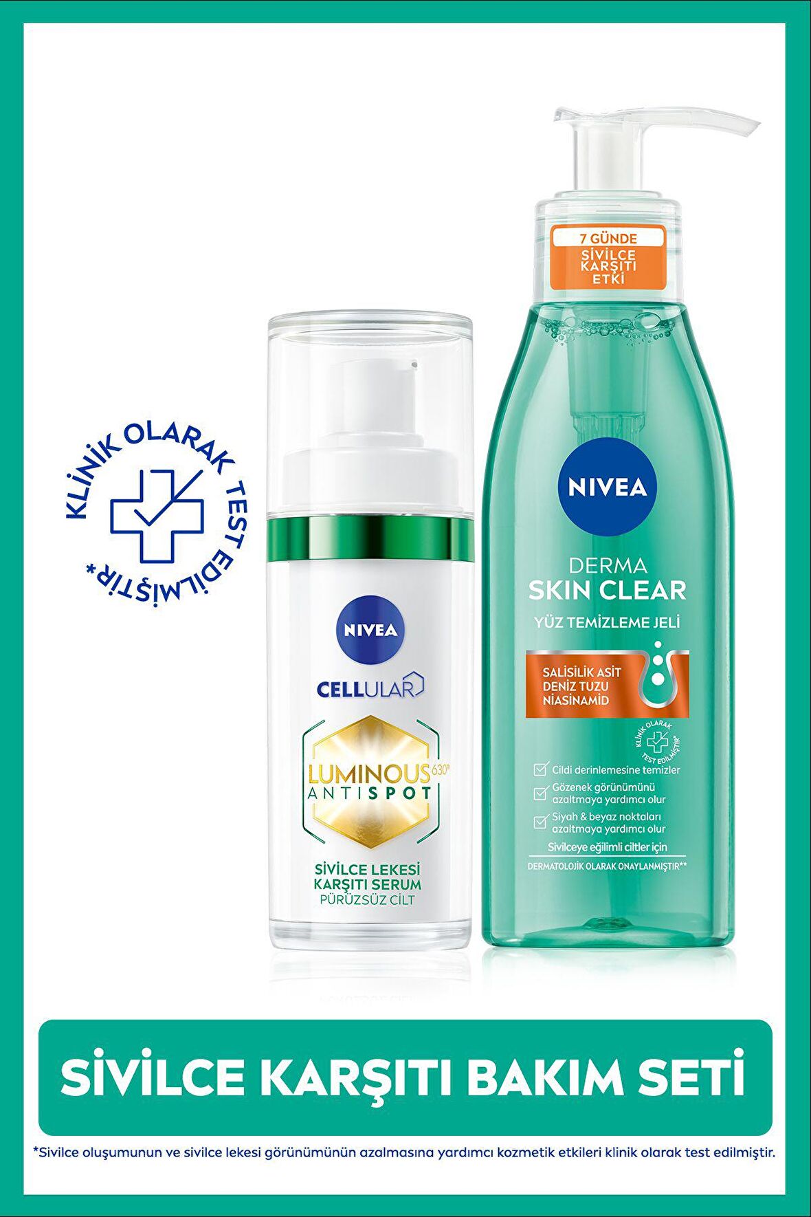 Nivea Luminous630 Sivilce Lekesi Karşıtı Serum 30ml ve DermaSkin Clear Yüz Temizleme Jeli150ml, Niasinamid