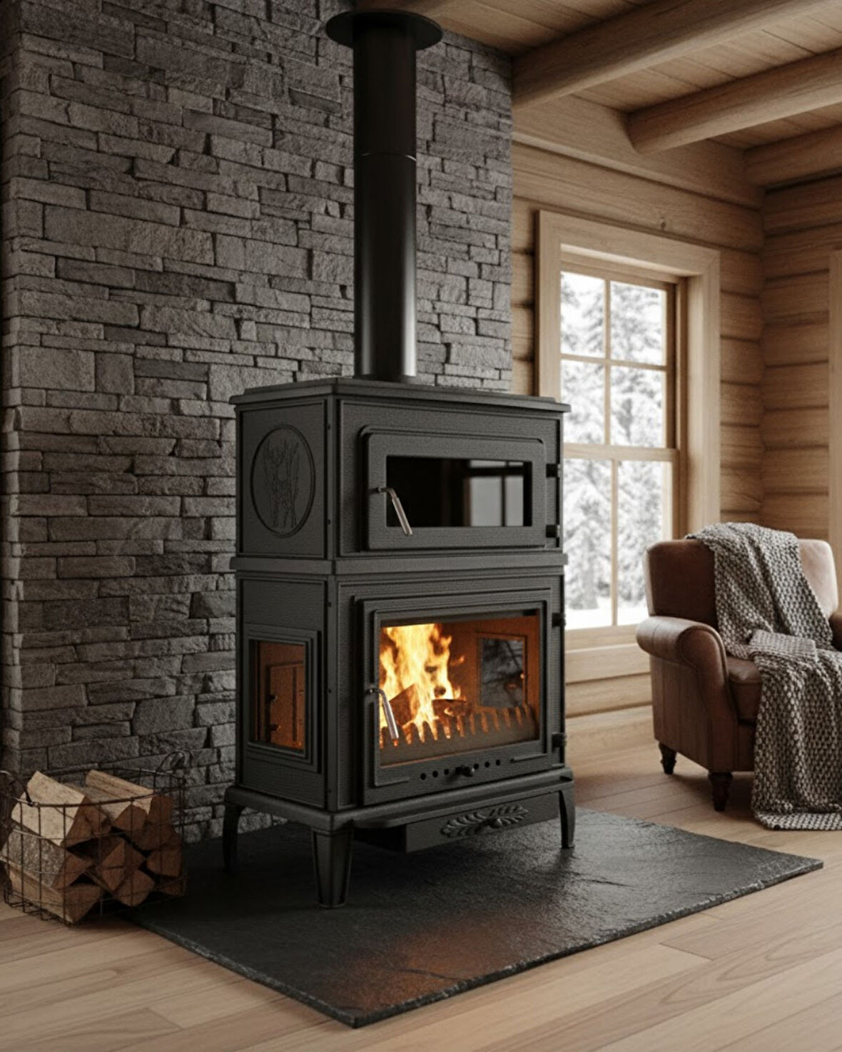 Reyo Stove Salda Üç Camlı Yan Kapak Fırınlı Döküm Şömine Soba