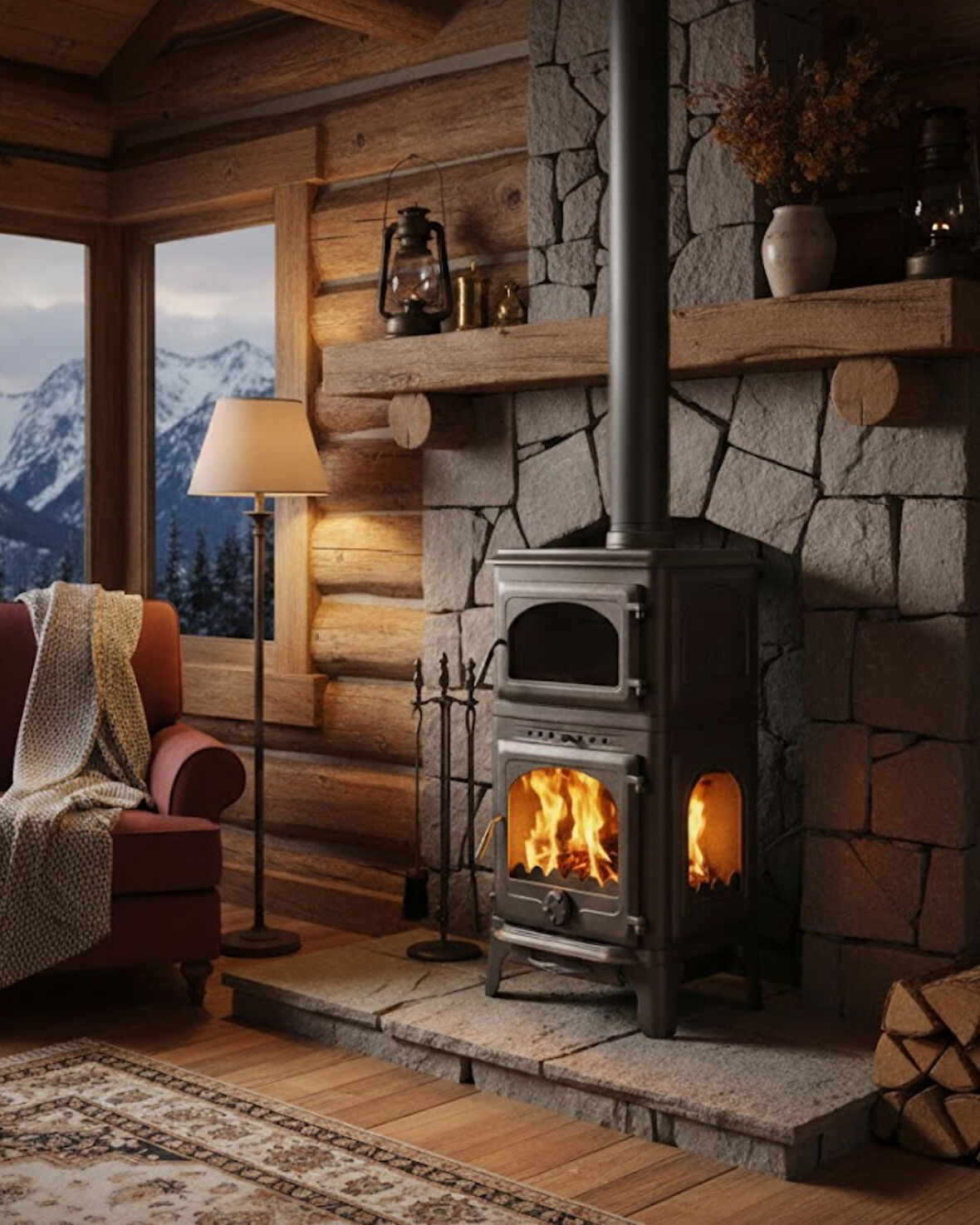 Reyo Stove Mengücek Üç Camlı Yan Kapak Fırınlı Döküm Şömine Soba