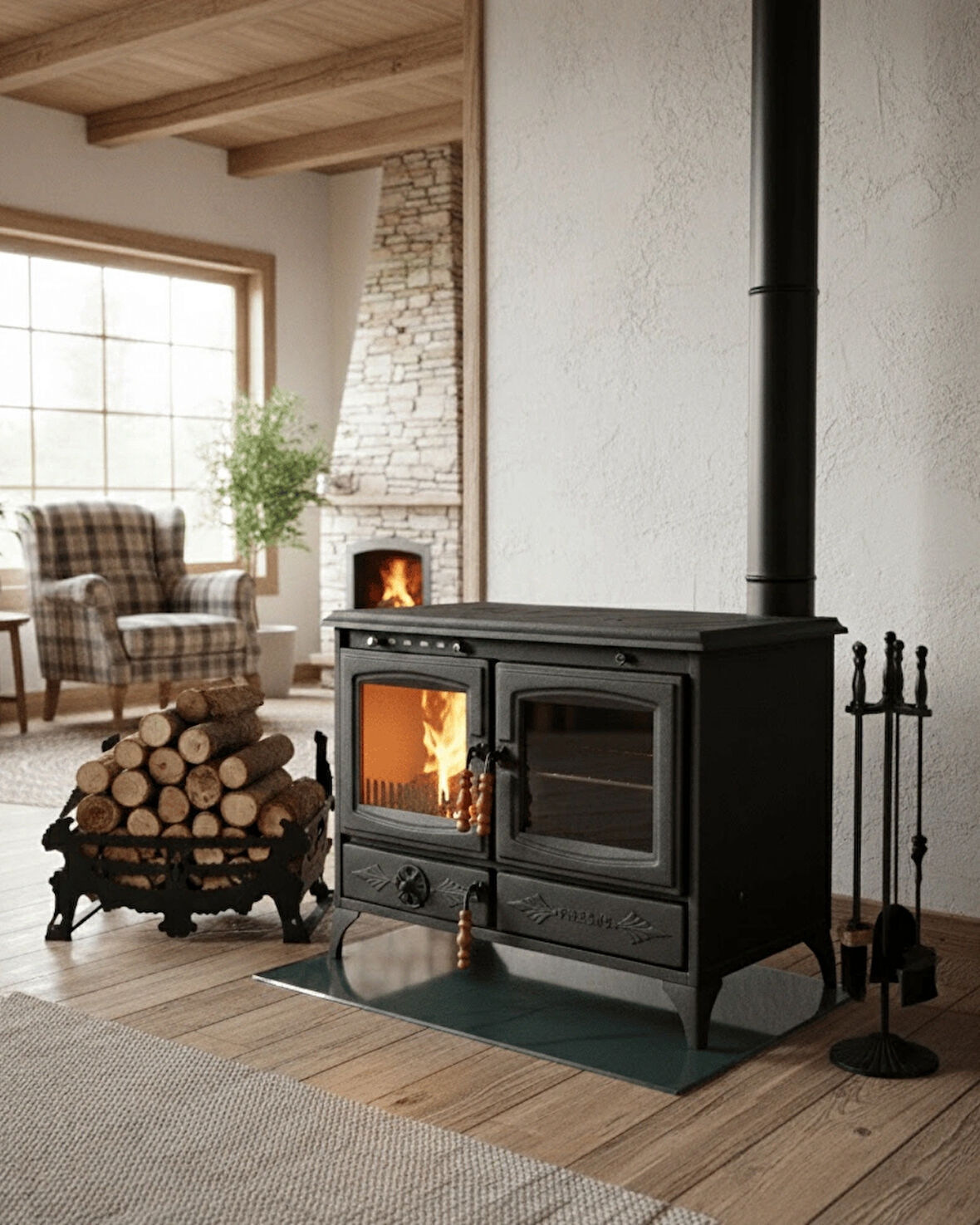 Reyo Stove Halfeti Büyük Camlı Fırınlı Şömine Kuzine Soba