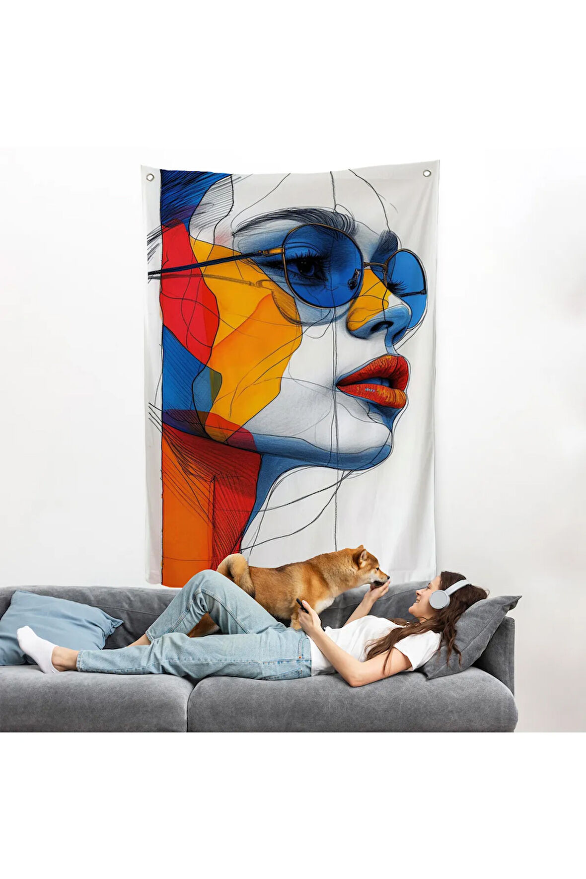 Renkli Soyut Çizim Kadın Duvar Örtüsü-7806