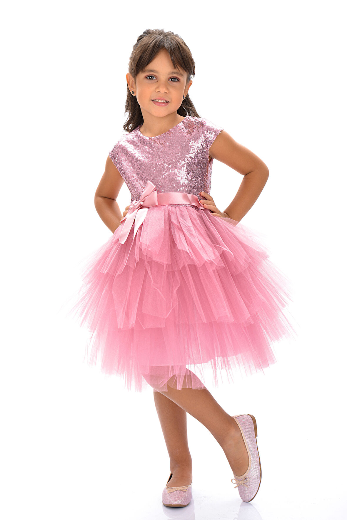 Mnk Koyu Pembe Kız Çocuk Pullu Tüllü Parti Elbisesi