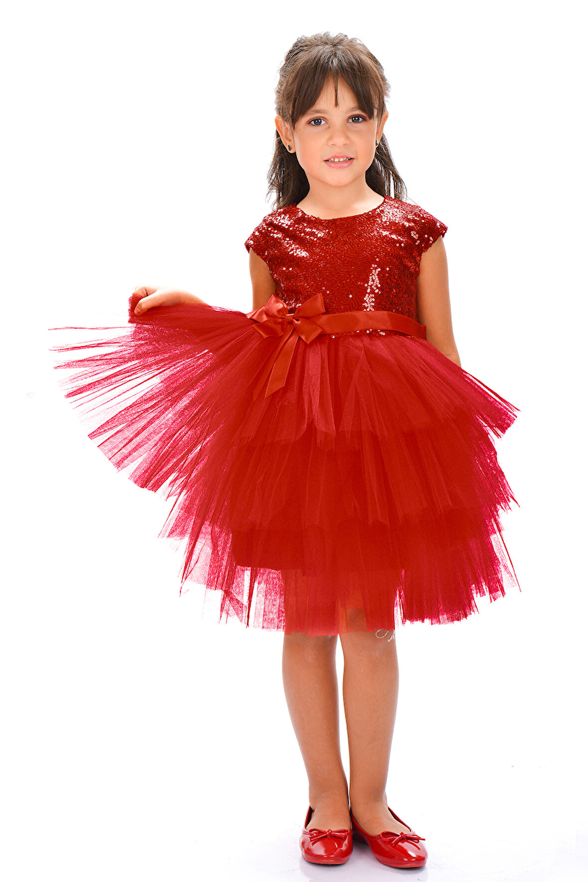 Mnk Kırmızı Kız Çocuk Pullu Tüllü Parti Elbisesi