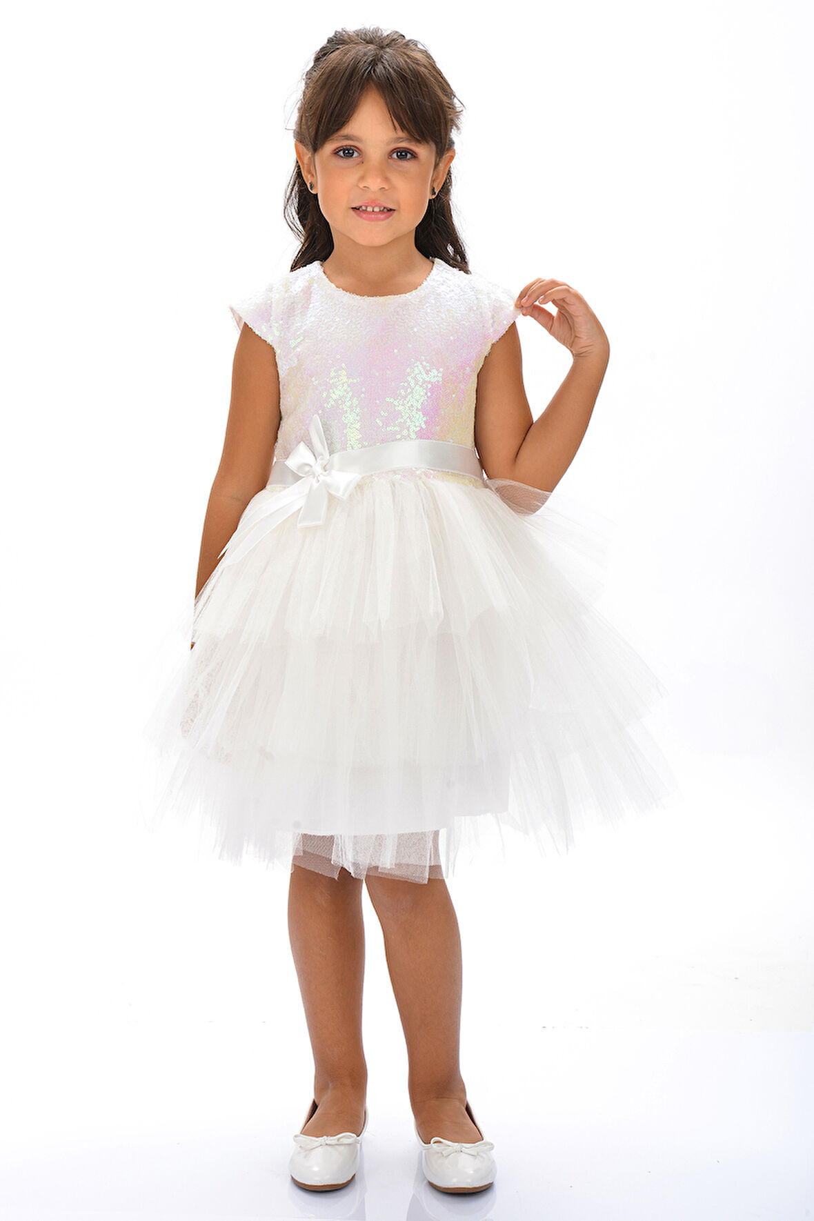 Mnk Beyaz Kız Çocuk Pullu Tüllü Parti Elbisesi