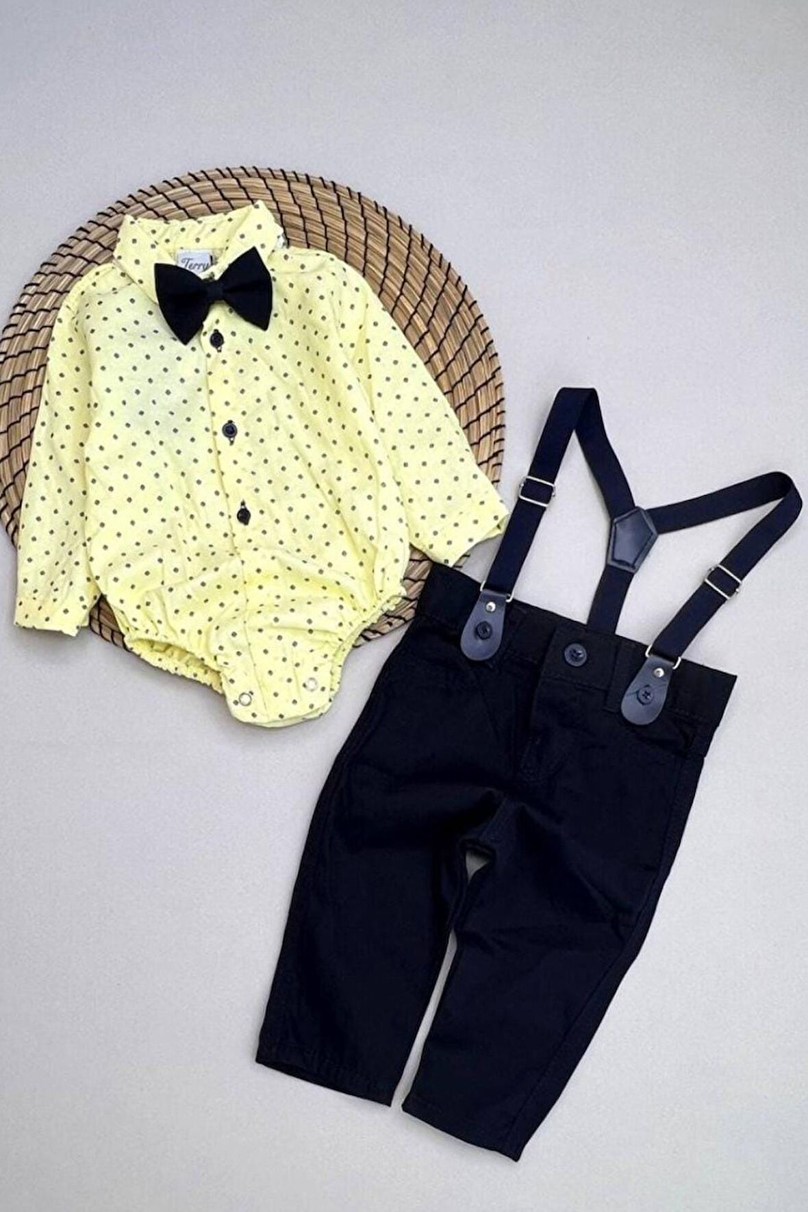Gömlekli Alttan Çıtçıtlı Gabardin Pantolonlu Pamuklu Bebek Takım