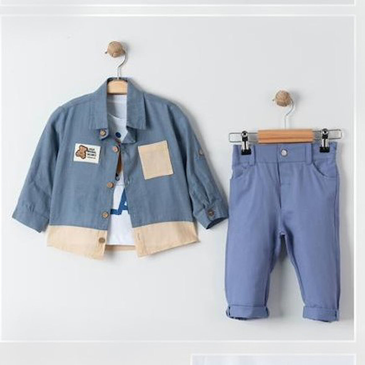 Cepli Gömlek , Pantolon , T-Shirt  3Parça Erkek Bebek Takım MNK31106