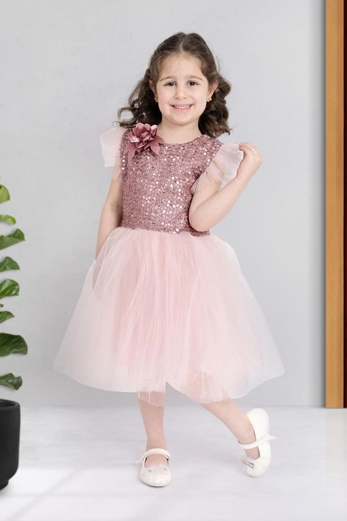 Küpeli Pul Payet Tüllü Kız Çocuk Elbise MNK0526