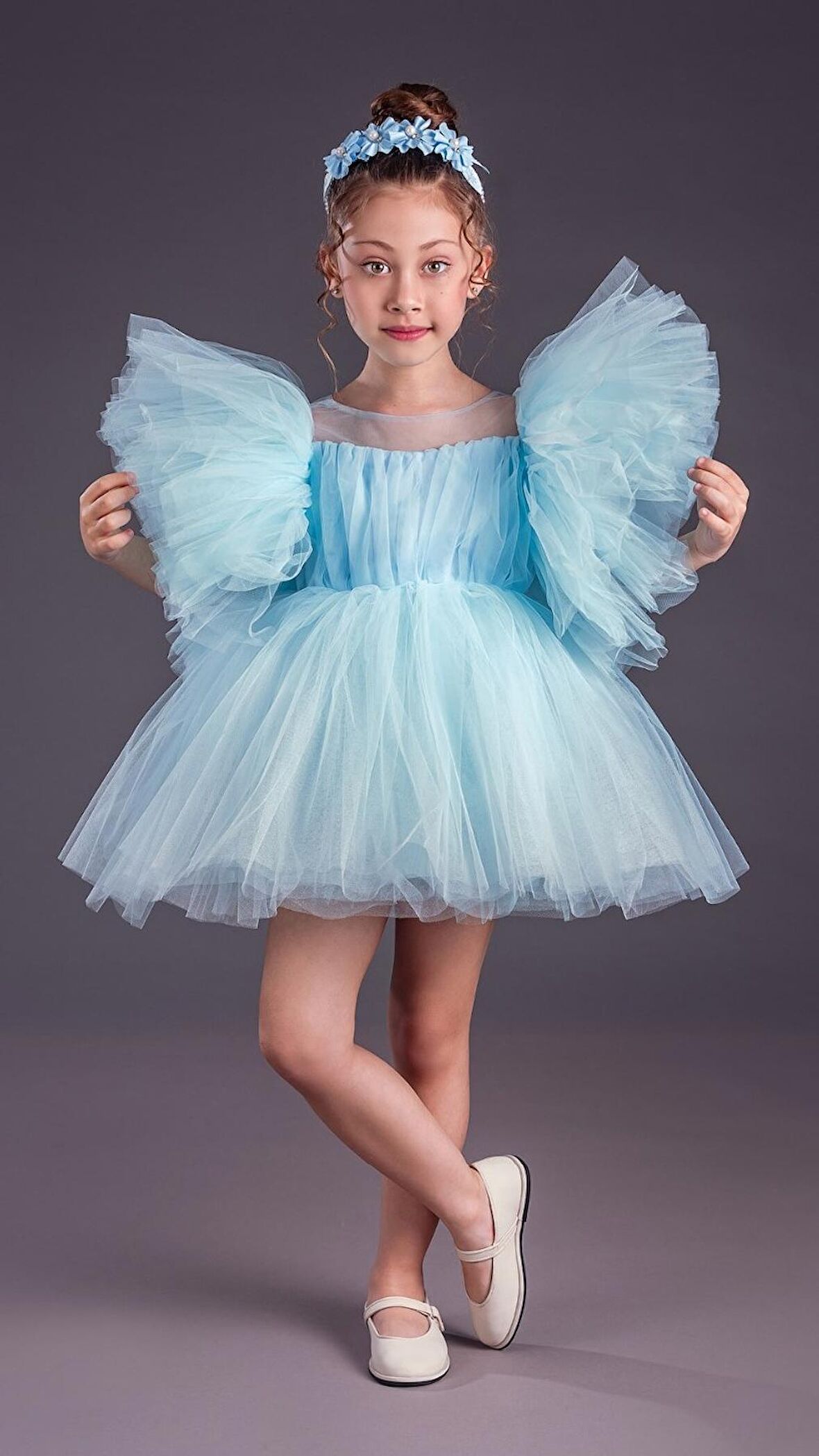 Tütü Etekli Kabarık Kollu Komotini Taçlı Kız Çocuk Abiye Elbise MNK0582