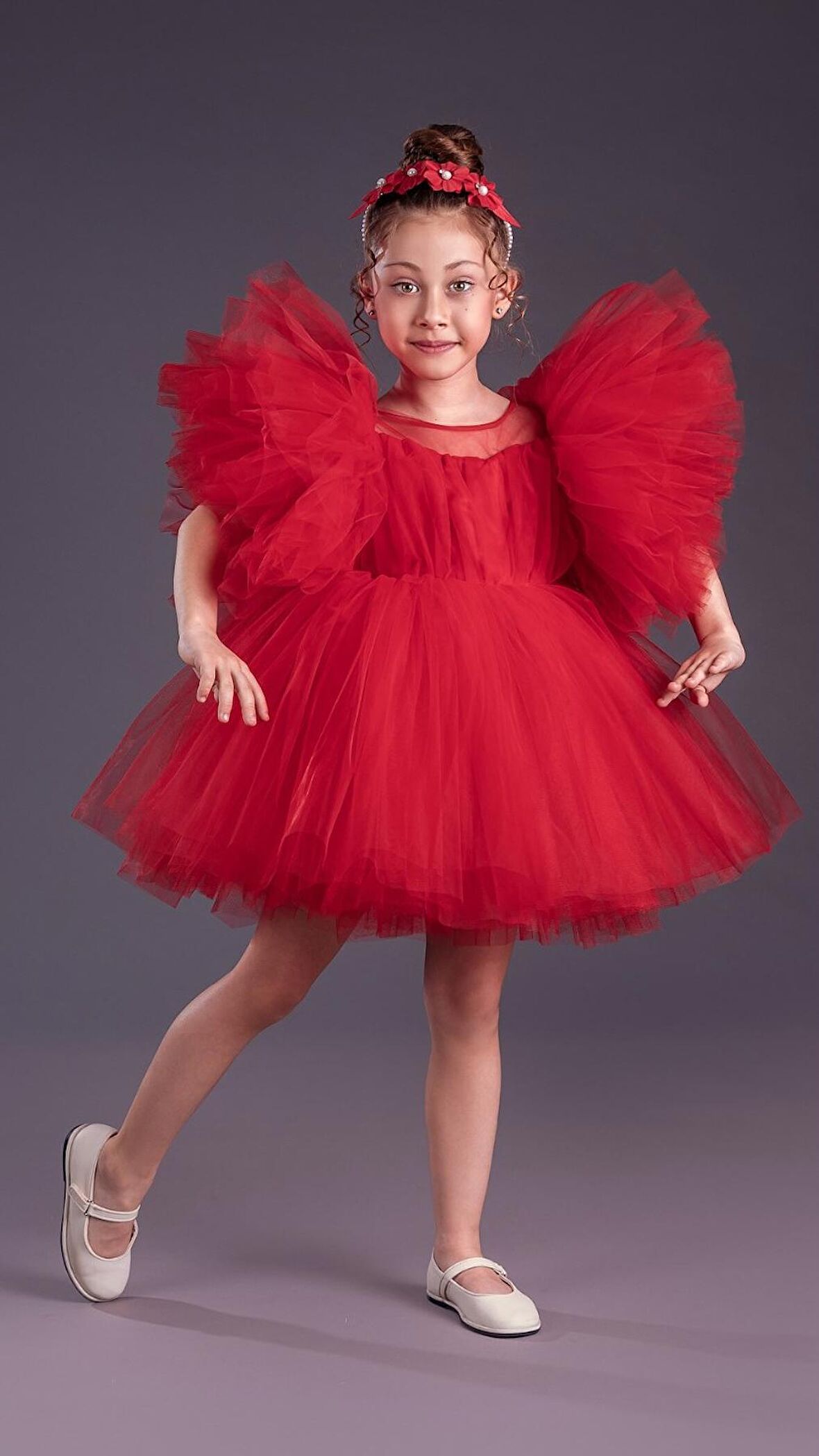 Tütü Etekli Kabarık Kollu Komotini Taçlı Kız Çocuk Abiye Elbise MNK0582