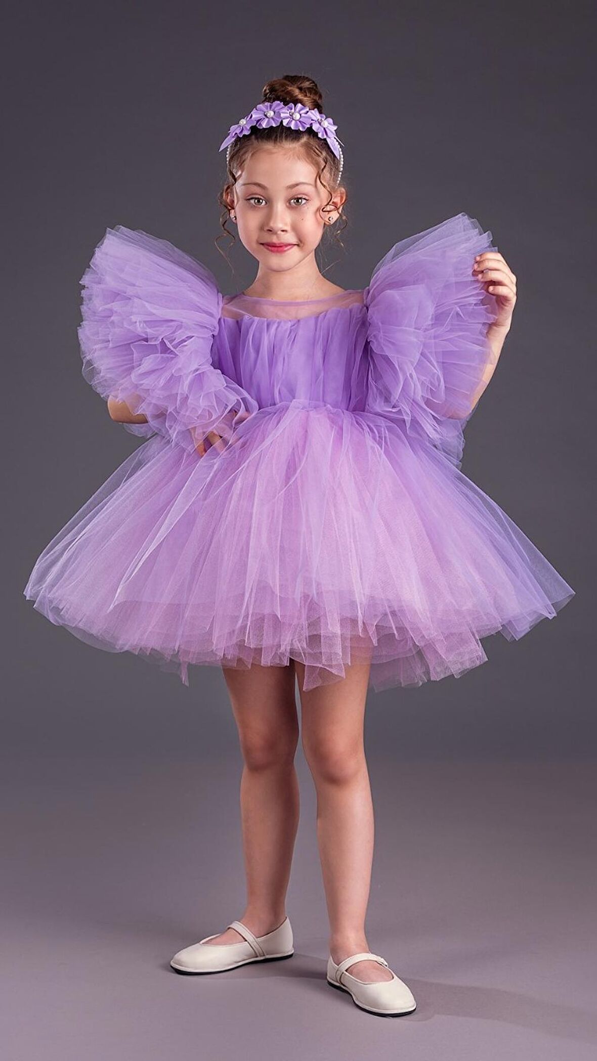 Tütü Etekli Kabarık Kollu Komotini Taçlı Kız Çocuk Abiye Elbise MNK0582