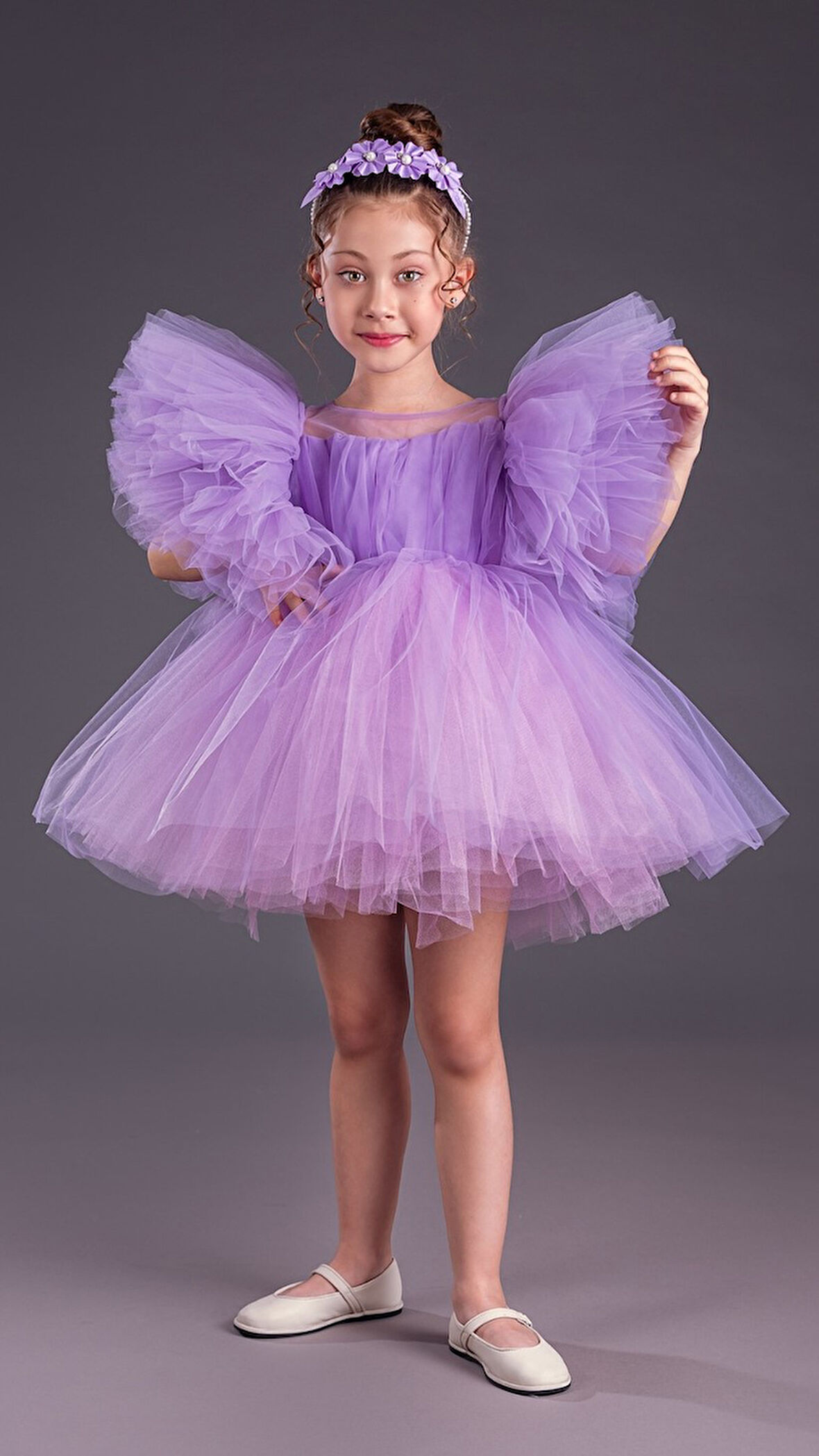 Tütü Etekli Kabarık Kollu Komotini Taçlı Kız Çocuk Abiye Elbise MNK0582