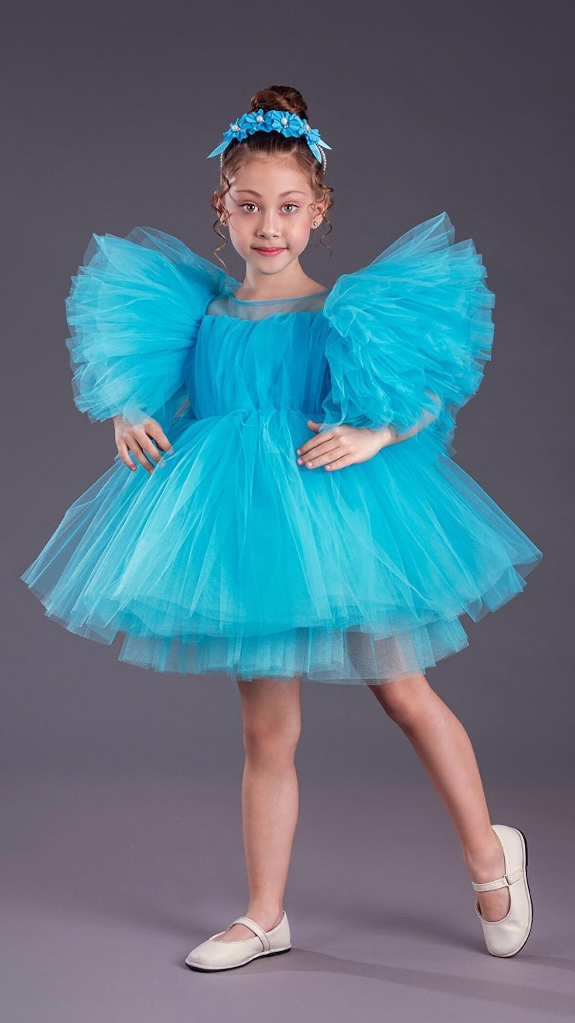 Tütü Etekli Kabarık Kollu Komotini Taçlı Kız Çocuk Abiye Elbise MNK0582