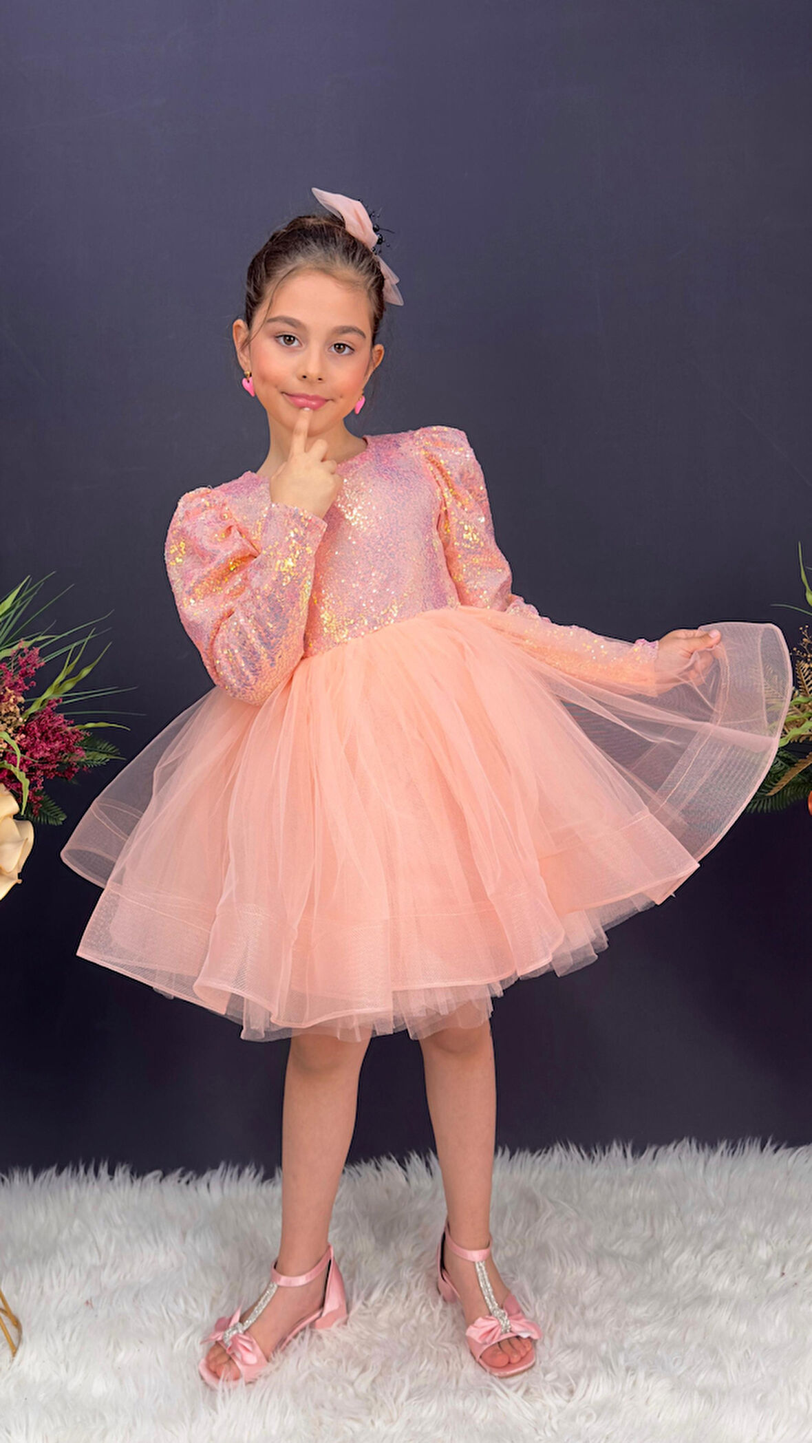 Tütü Gren Etekli Kız Çocuk Pul Payetli Uzun Kol Kikidi Elbise MNK0583