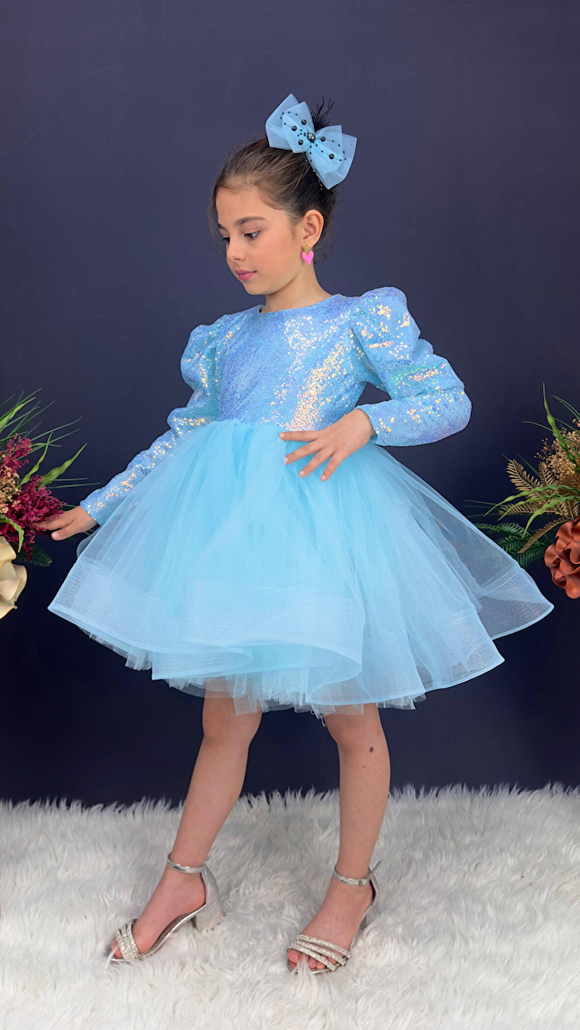 Tütü Gren Etekli Kız Çocuk Pul Payetli Uzun Kol Kikidi Elbise MNK0583