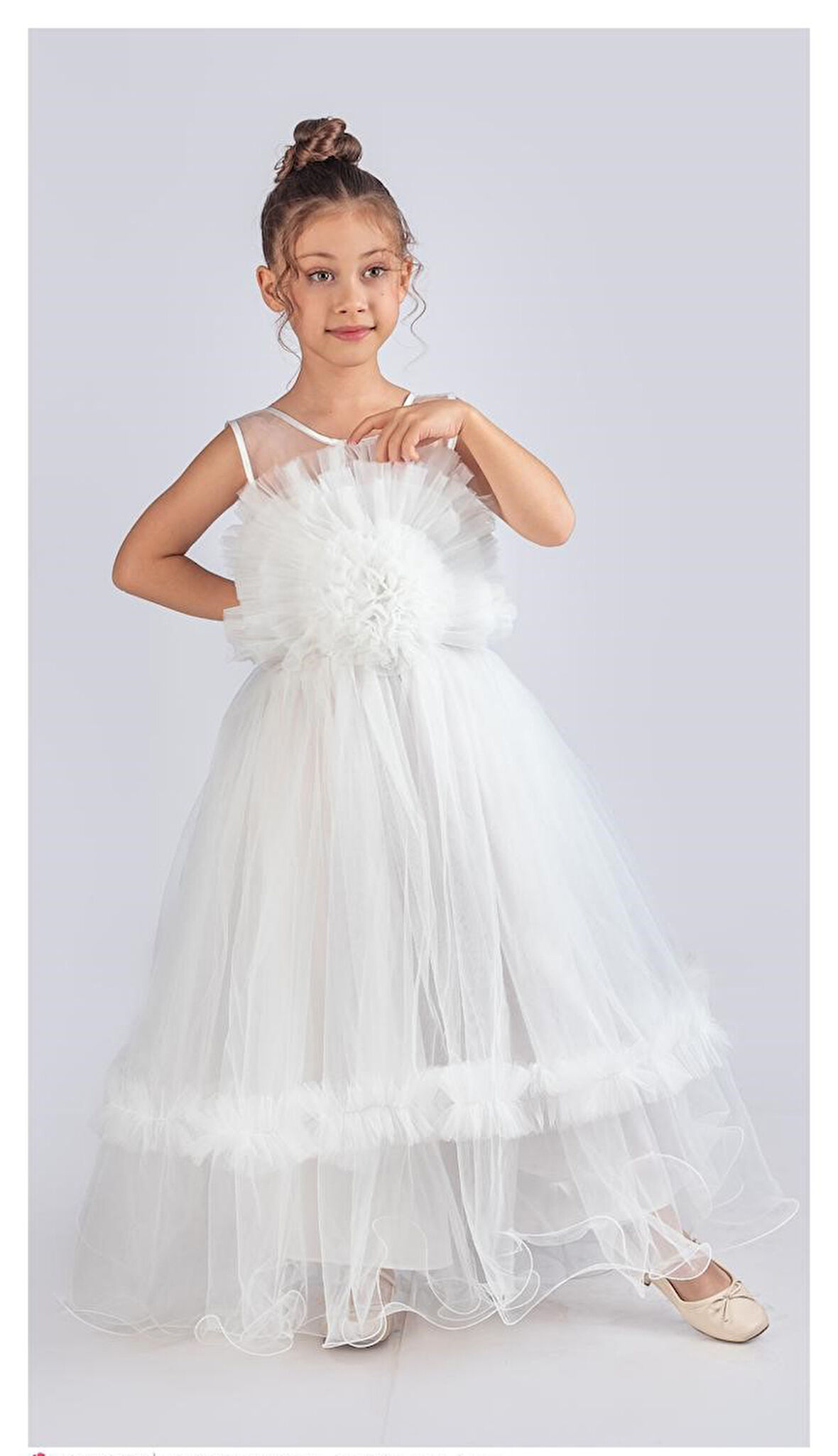 Uzun Etekli , Askılı Kız Cocuk Gül Motif Abiye Elbise M00670