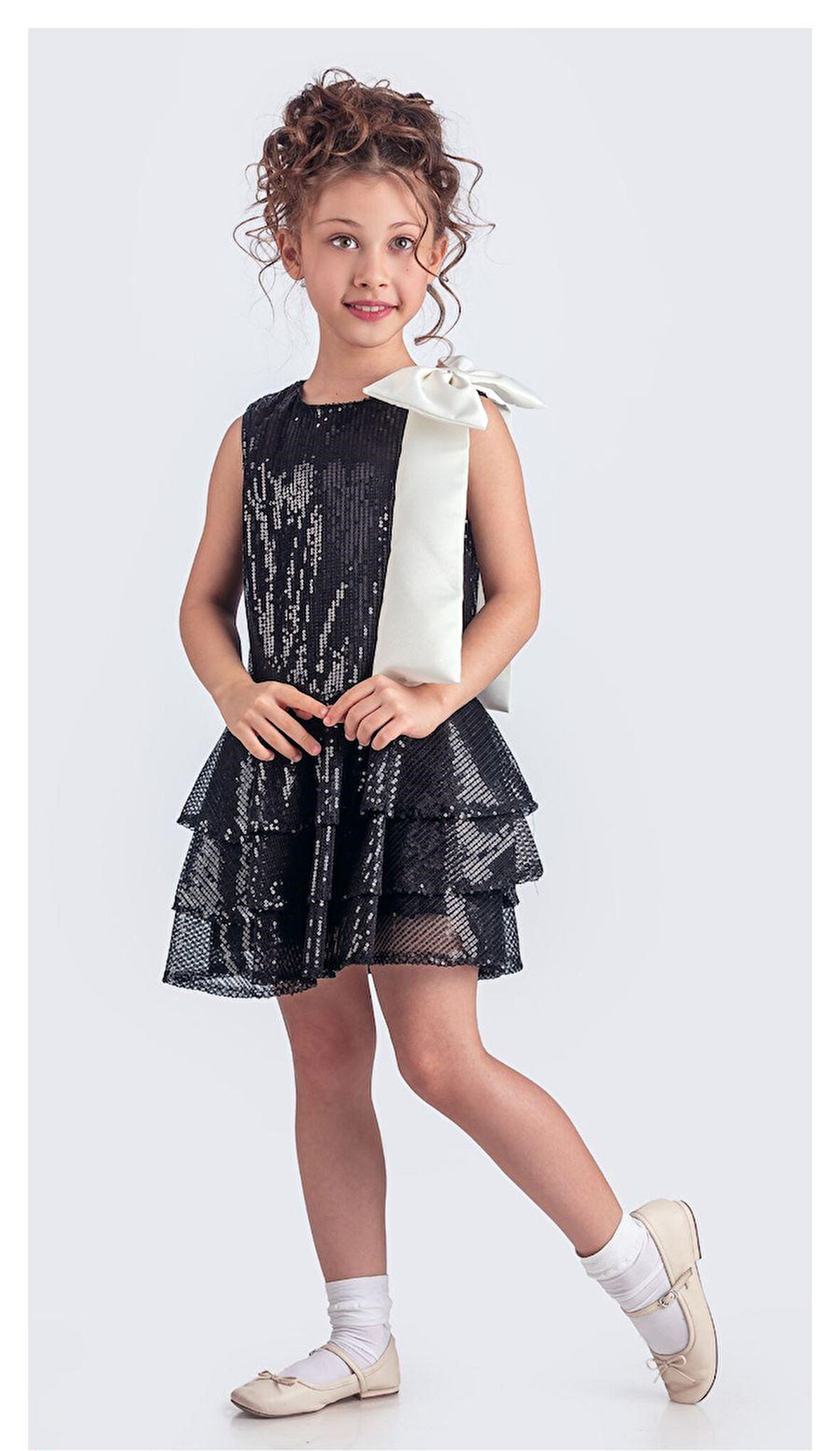 Yaka Fiyonk Pul Payet Kumaşlı Kız Çocuk Abiye Elbise M00702