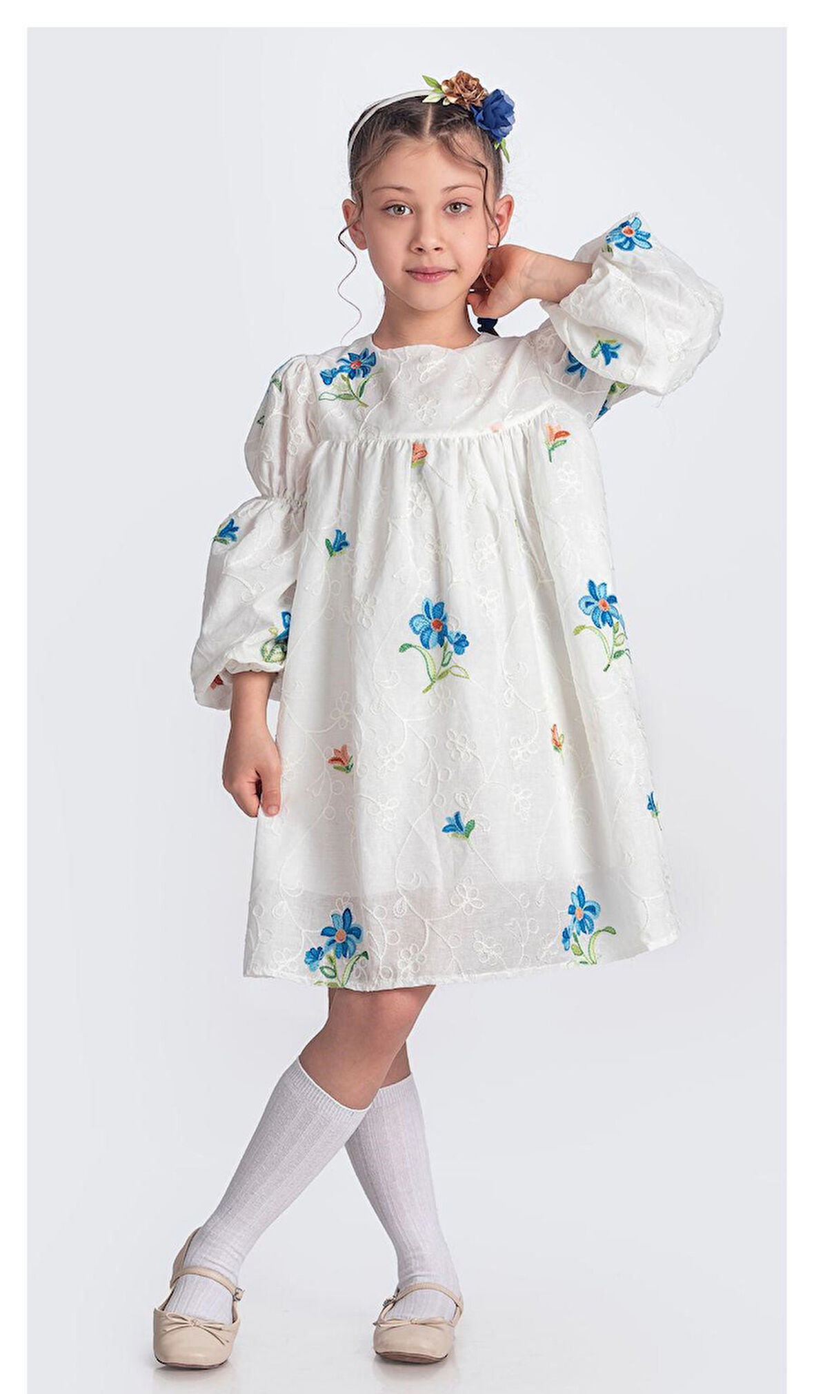 Otantik Akdeniz Çiçek NakışKız Çocuk Müslin Elbise M00706