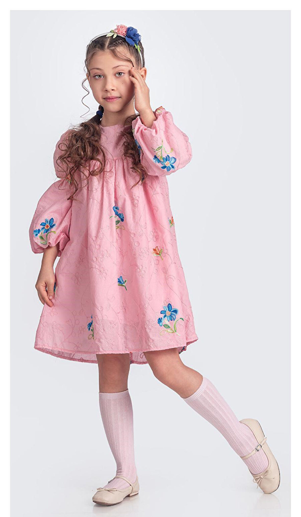 Otantik Akdeniz Çiçek NakışKız Çocuk Müslin Elbise M00706