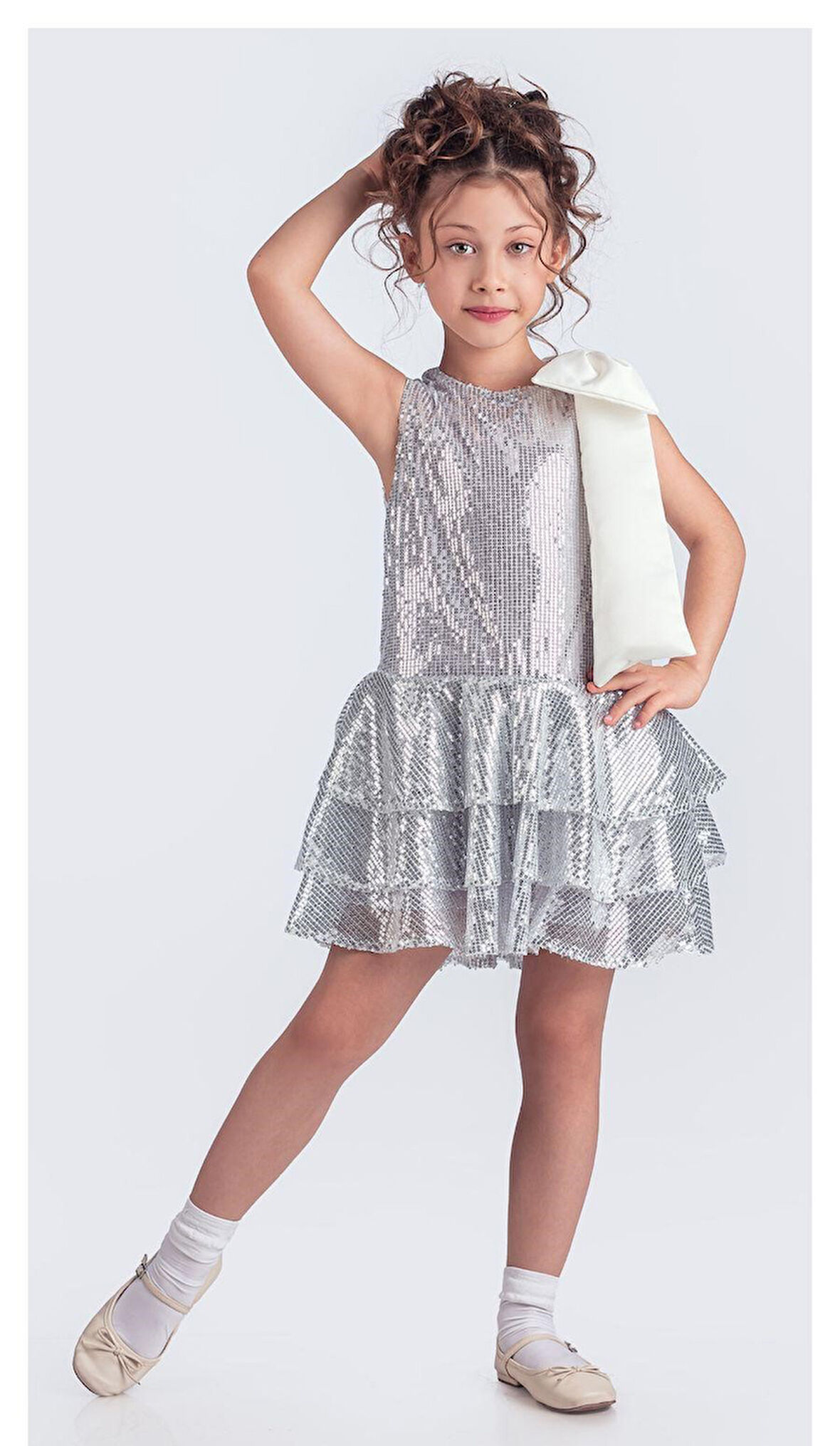 Yaka Fiyonk Pul Payet Kumaşlı Kız Çocuk Abiye Elbise M00702