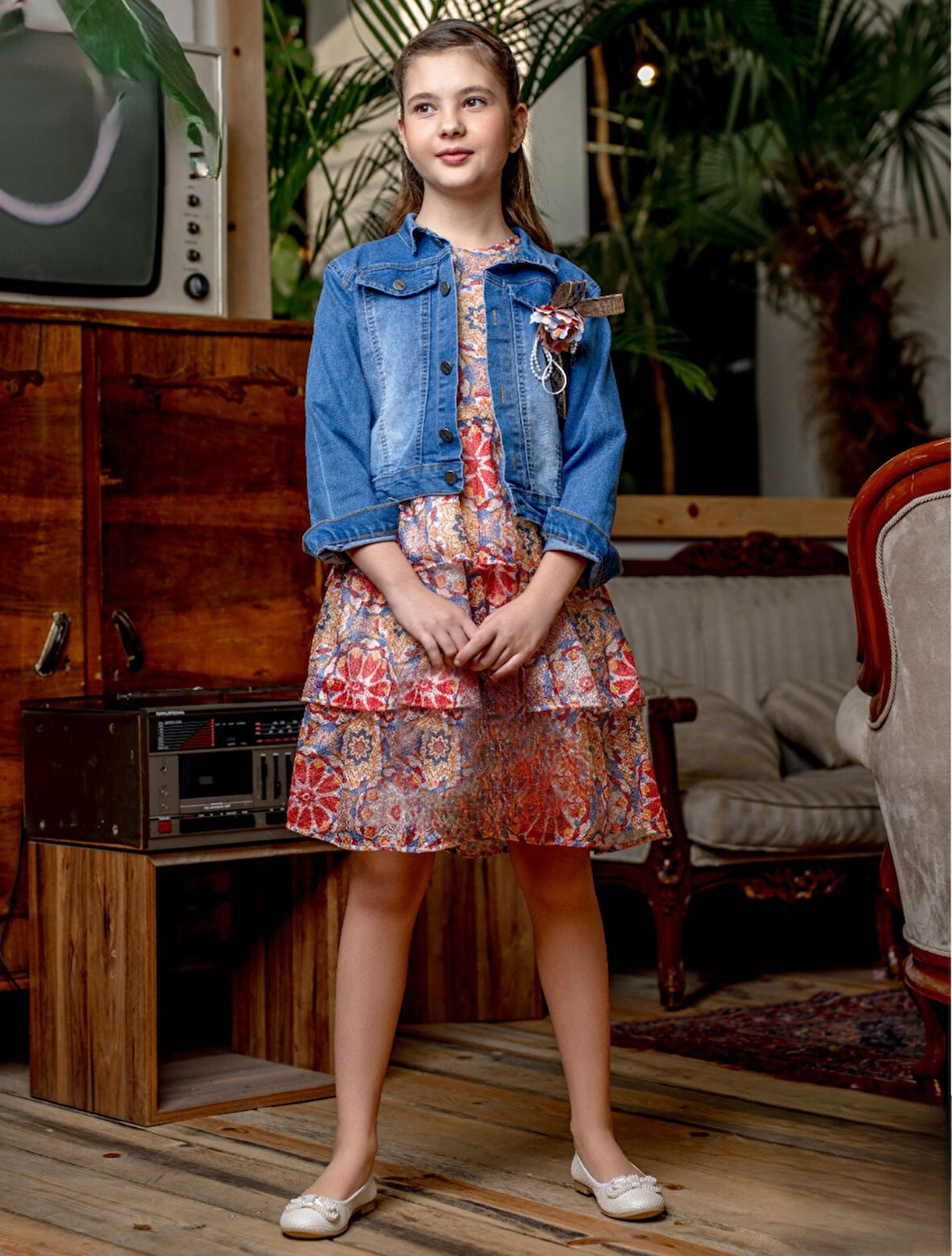 Kız Çocuk Baskılı Dantel Elbise Ceket Takımı M00718
