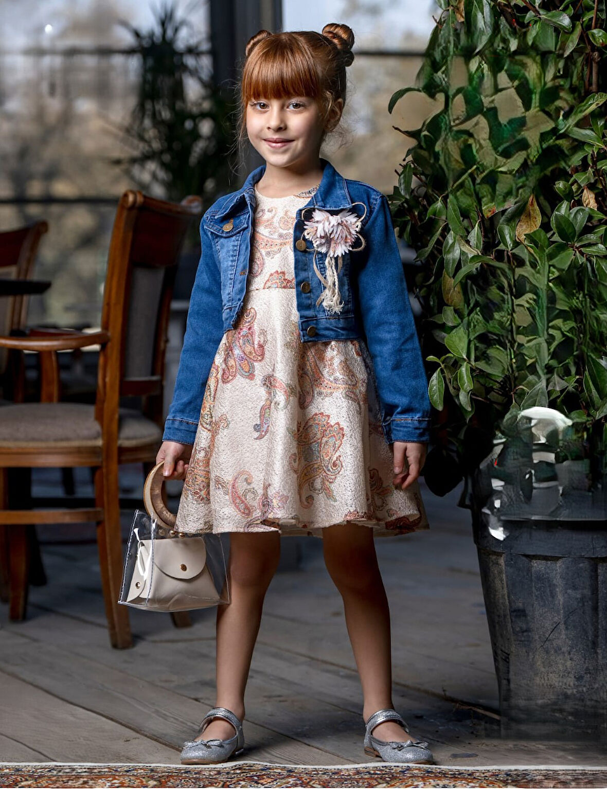 Çiçek Motif Kot Ceketli Kız Elbise M00721