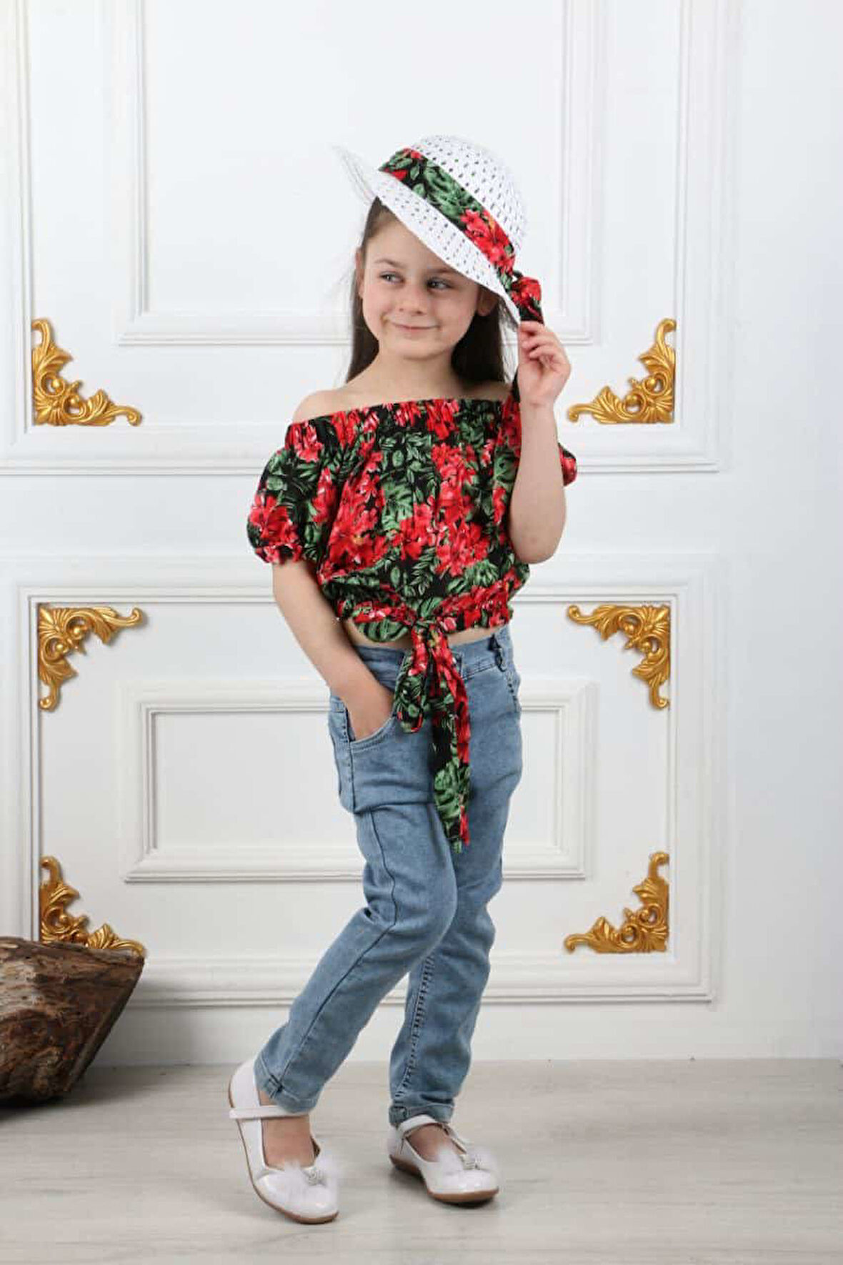 Miss Kovalo Kız Çocuk Şapkalı Yazlık Likralı Kot Pantolon Takım M00731