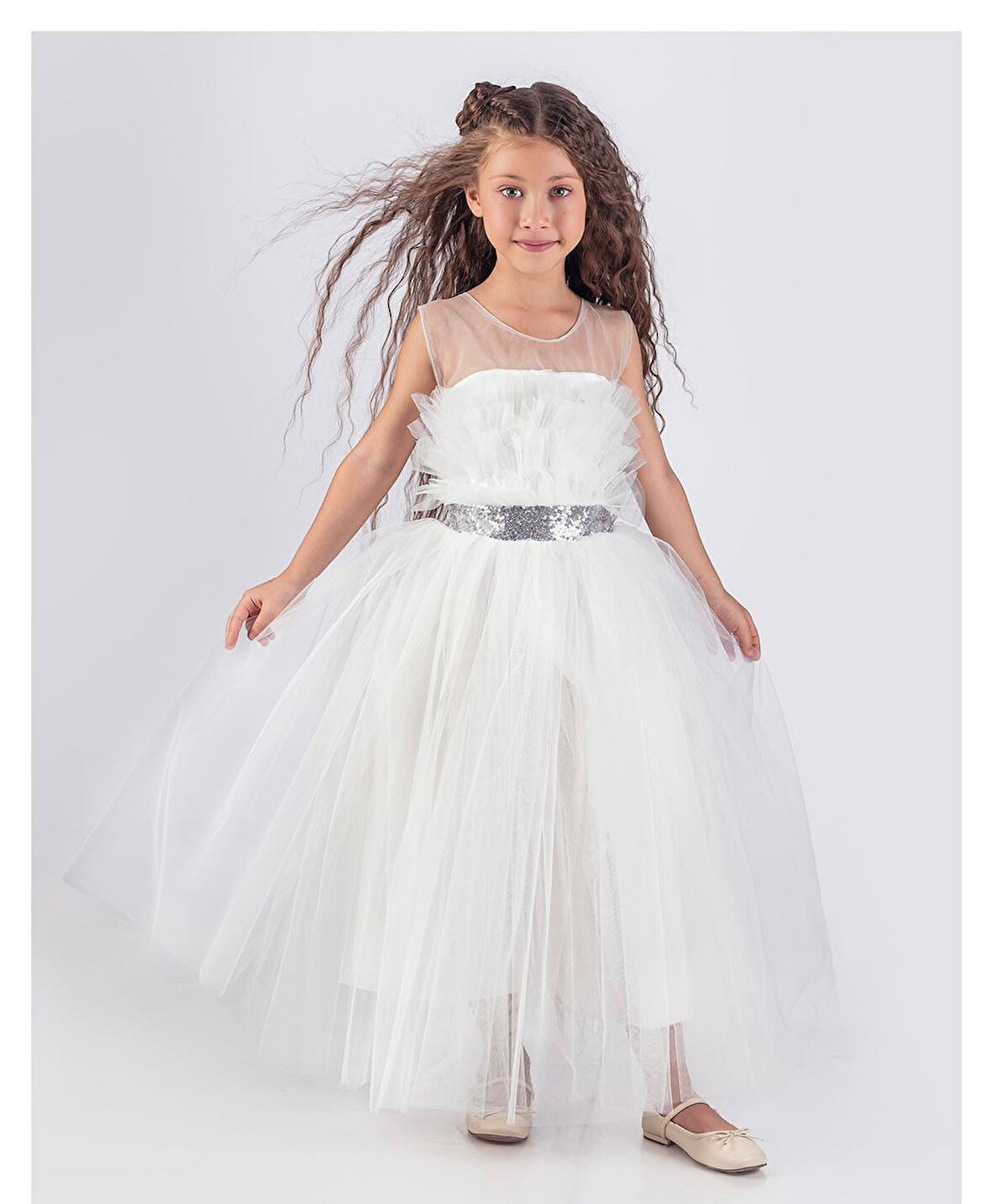 Sapes Model Sırt Gipeli Tüllü Kız Çocuk Askılı Saten Abiye MNK0618