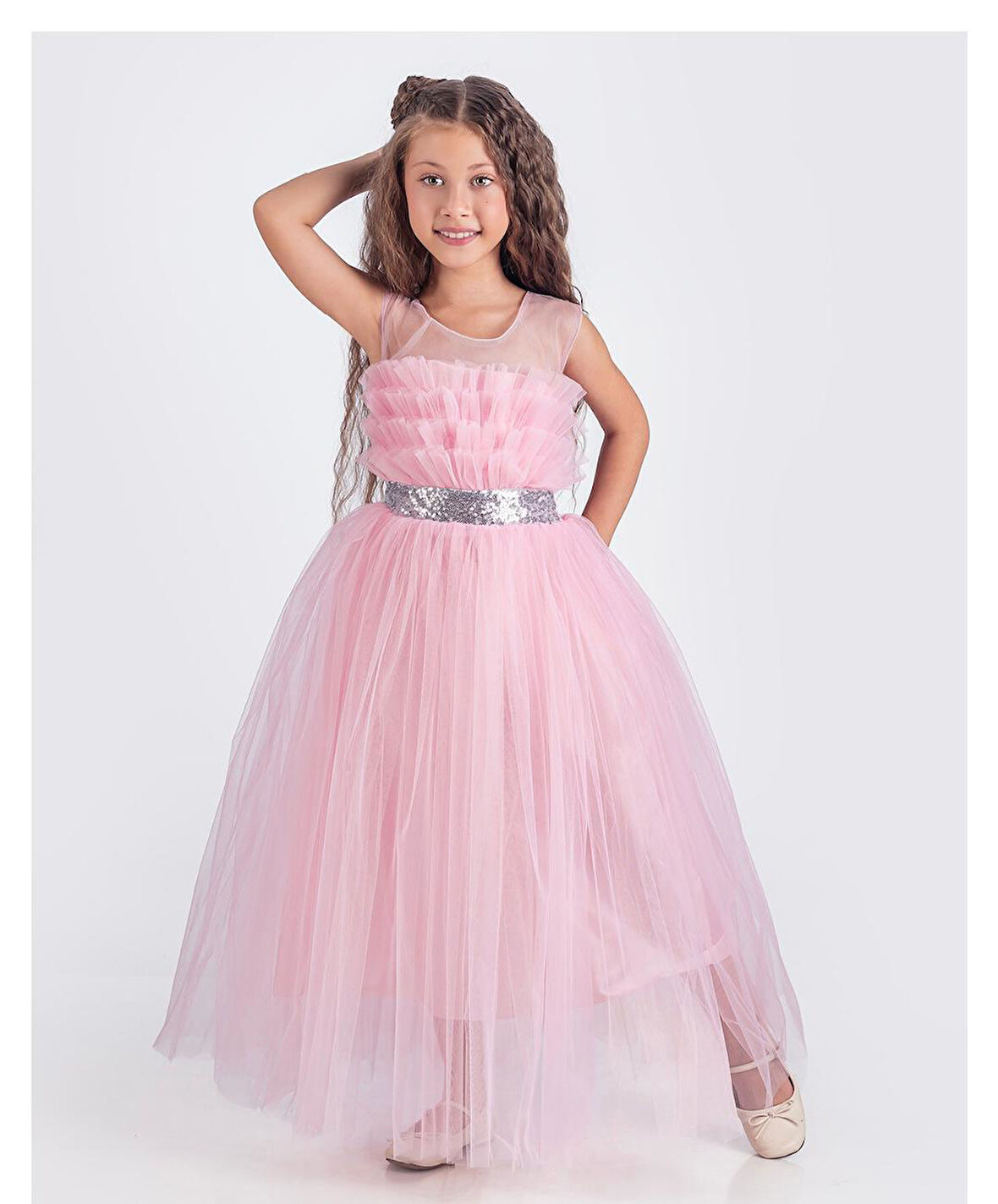 Sapes Model Sırt Gipeli Tüllü Kız Çocuk Askılı Saten Abiye MNK0618