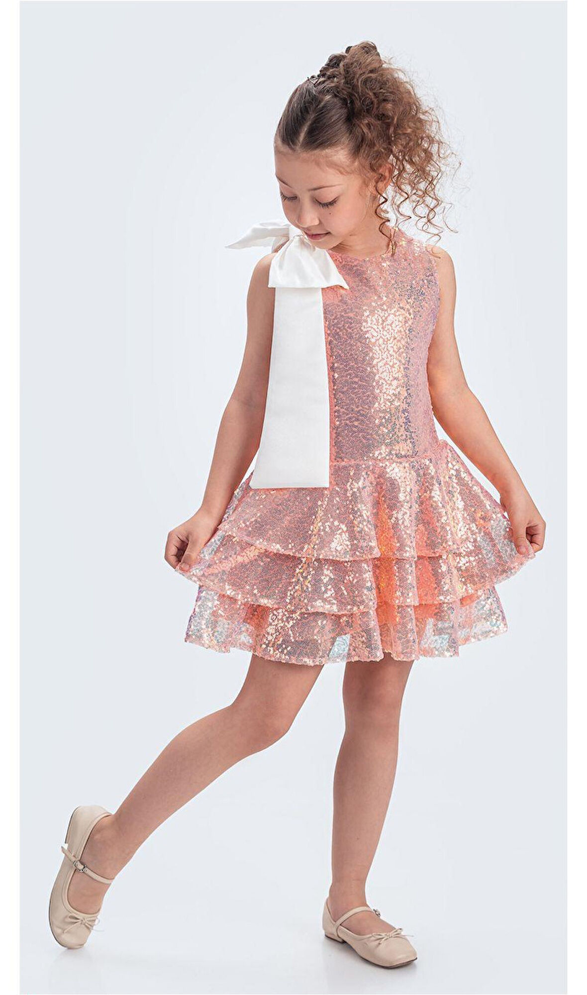 Yaka Fiyonk Pul Payet Kumaşlı Kız Çocuk Abiye Elbise M00702