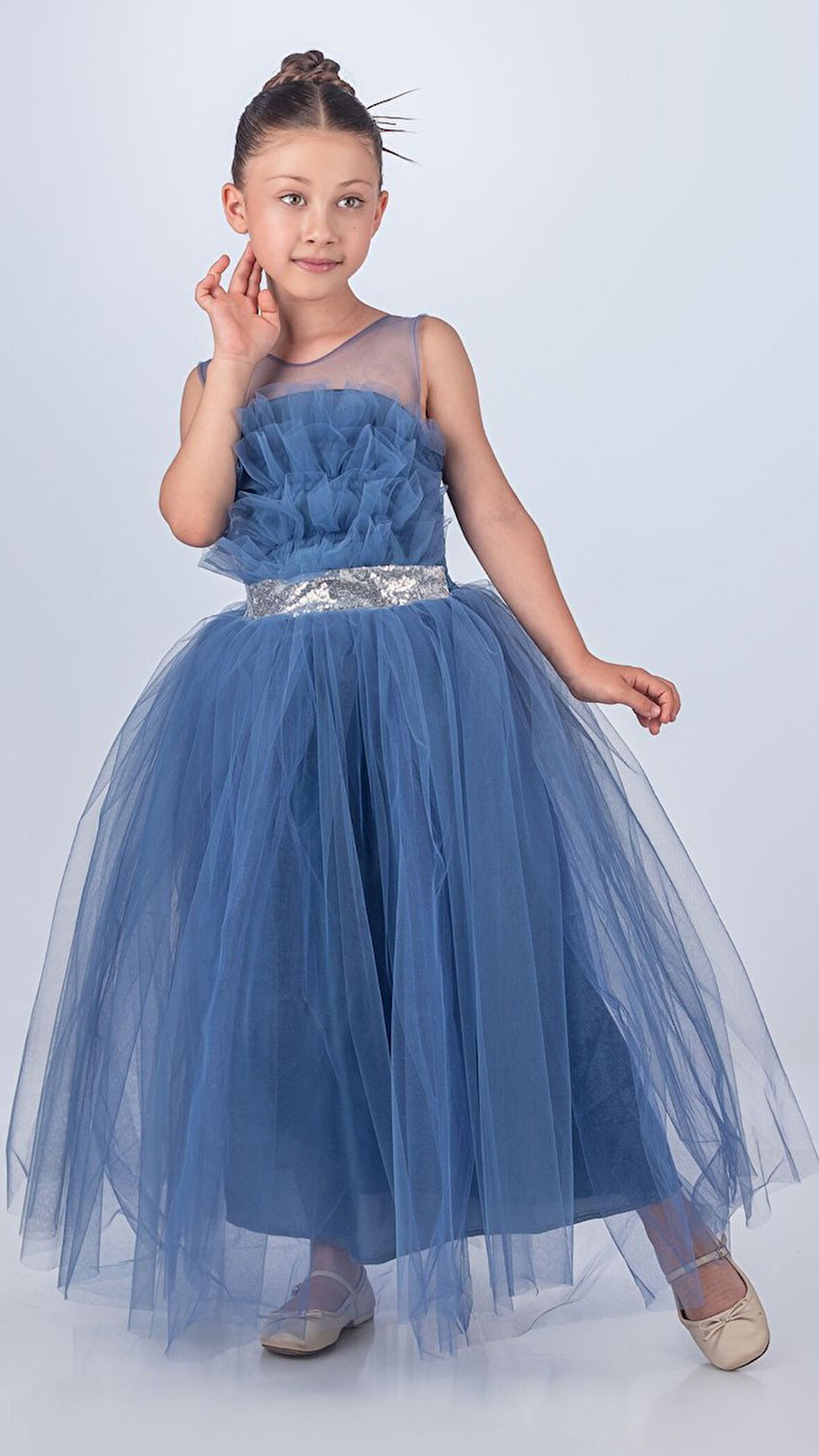 Sapes Model Sırt Gipeli Tüllü Kız Çocuk Askılı Saten Abiye MNK0618