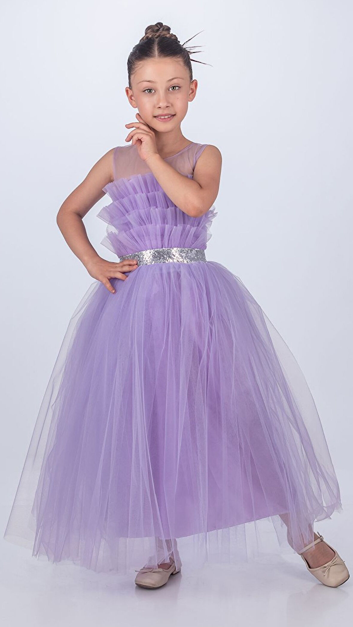 Sapes Model Sırt Gipeli Tüllü Kız Çocuk Askılı Saten Abiye MNK0618