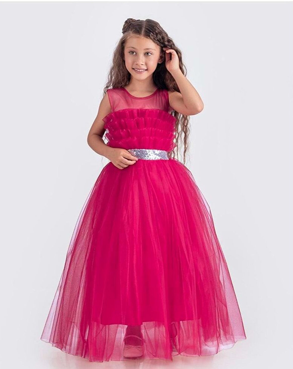 Sapes Model Sırt Gipeli Tüllü Kız Çocuk Askılı Saten Abiye MNK0618