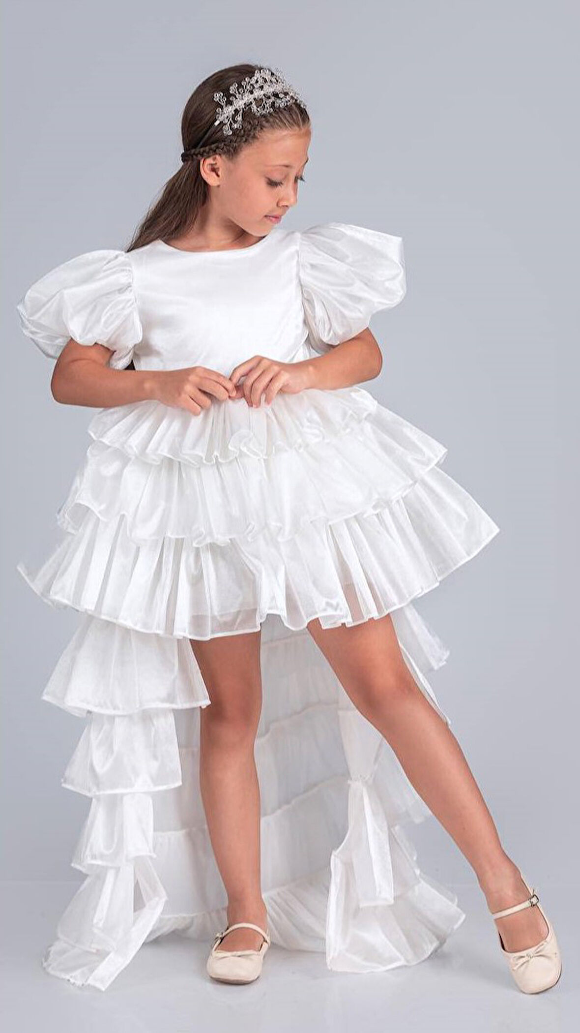 Kız Çocuk Eklenebilir Kuyruk Detaylı, Taçlı Aspendos Abiye Elbise M00758