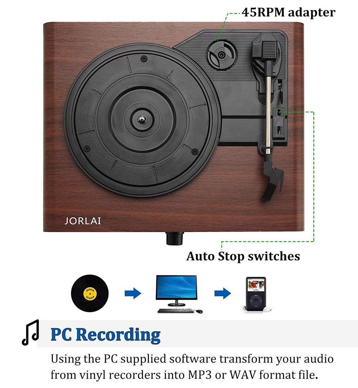 Jorlaı Jr-103 Pc Record Player Bluetooth Turntable With Stereo Speakers, 33/45/78 Rpm Viny Maun Jr103