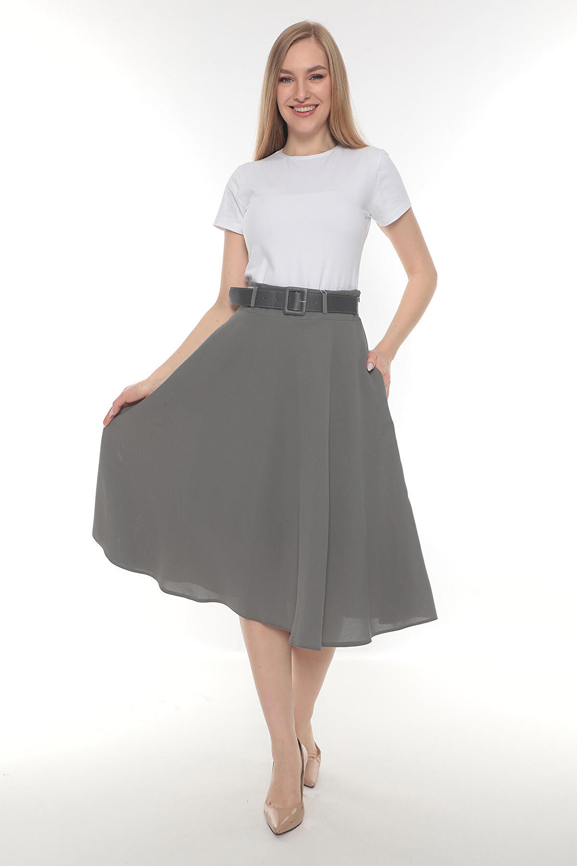 SORALLİNE KADIN ETAMİN DESEN BAHARLIK ASTARLI 70 CM BOYUNDA KLOŞ ETEK 780 GRİ