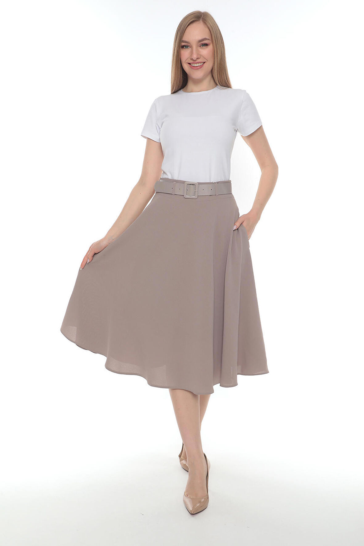 SORALLİNE KADIN ETAMİN DESEN BAHARLIK ASTARLI 70 CM BOYUNDA KLOŞ ETEK 780TAŞ