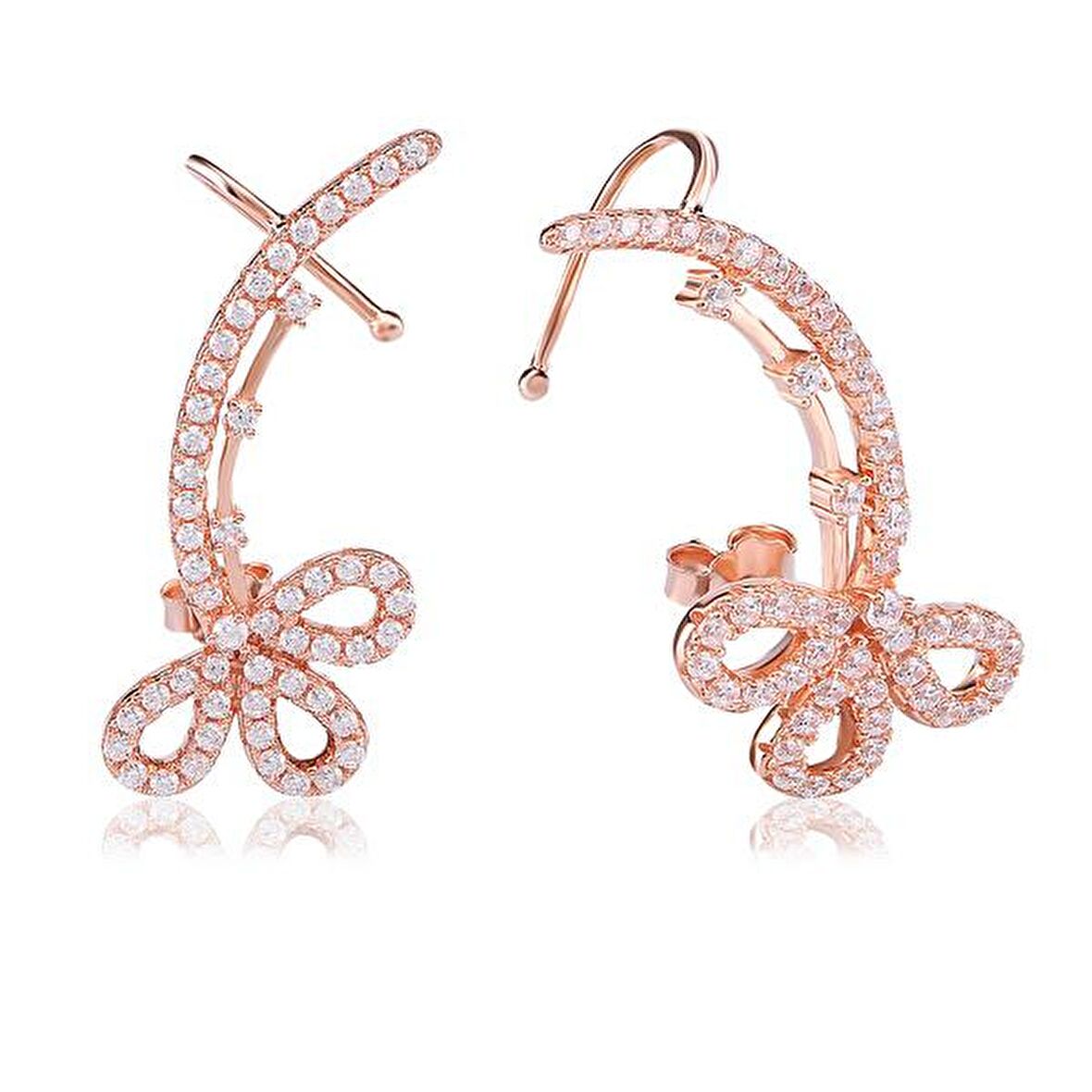 Zirkon Taşlı Pırlanta Montür Rose Altın Kaplama Taşlı Earcuff Gümüş Küpe