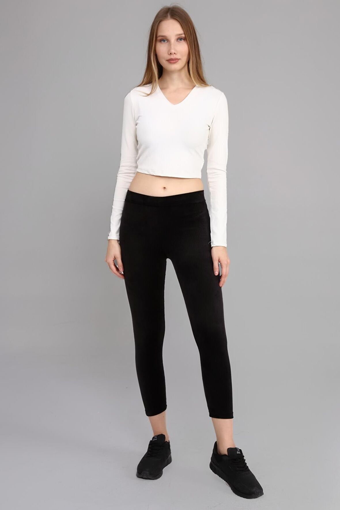 Spiyoz Siyah Yüksek Bel Full Likralı Toparlayıcı Fitilli Kışlık Kalın Kadife Tayt