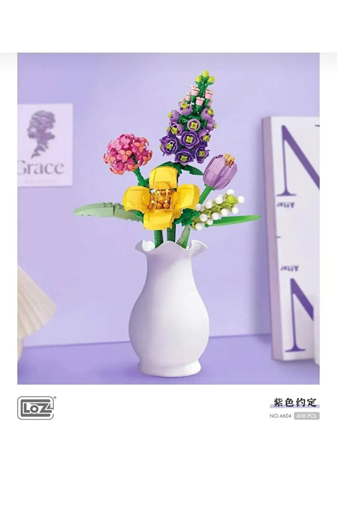 Dekoratif Çiçek Buketi Yapım Seti Legosu 608 Parça Mor Lavanta-Lale-Sümbül Çiçek Yapım Seti Lego