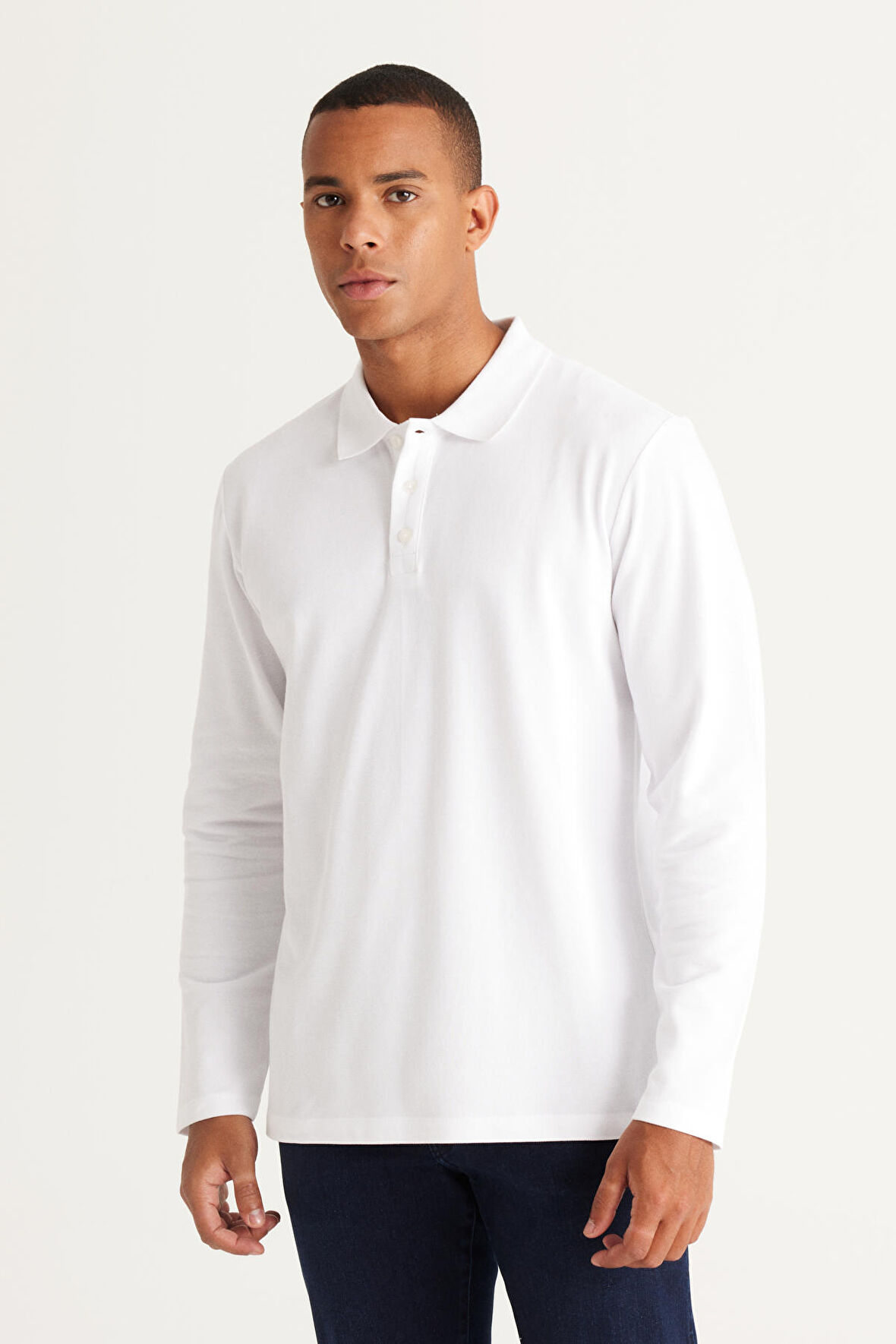 Erkek Beyaz Standart Fit Normal Kesim 3 Iplik Içi Polarlı %100 Pamuk Polo Yaka Sweatshirt