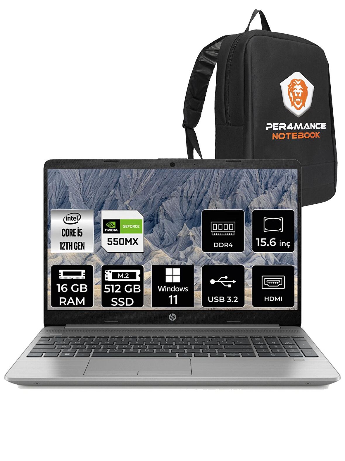 HP 250 G9 i5-1235U 16GB 512GB SSD MX550 15.6'' FHD W11 HOME 6Q8M7ES & PER4 ÇANTA