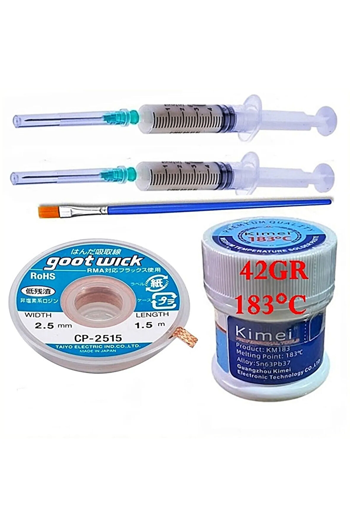 KİMEİ 183C UYUMLUSolderPaste Krem Lehim 42g Sıvı Lehim ve Flux Lehim Toplama Fırça Seti 2,5MM 5İN1X