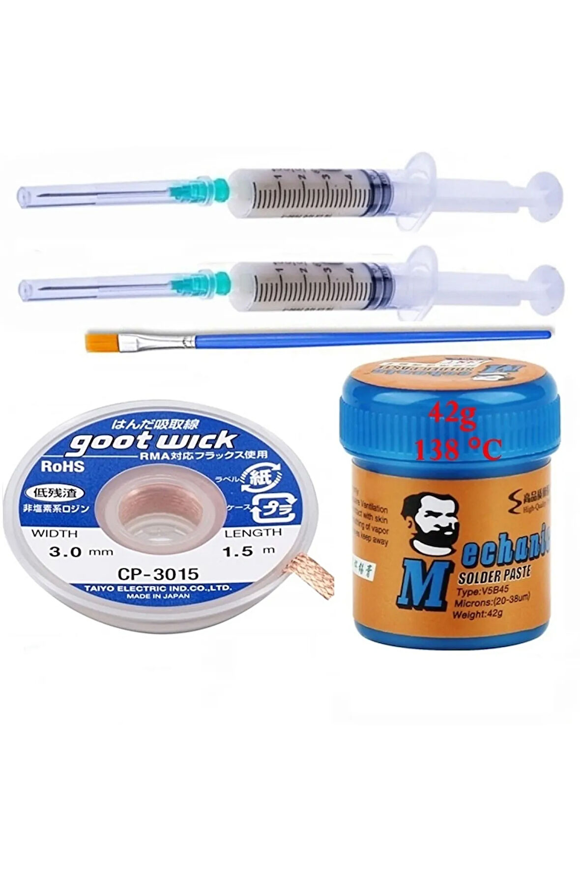 Solder Paste MEChanic 138C Krem Lehim 42g Sıvı Lehim ve Flux Lehim Toplama Fırça Seti 3MM 5İN1