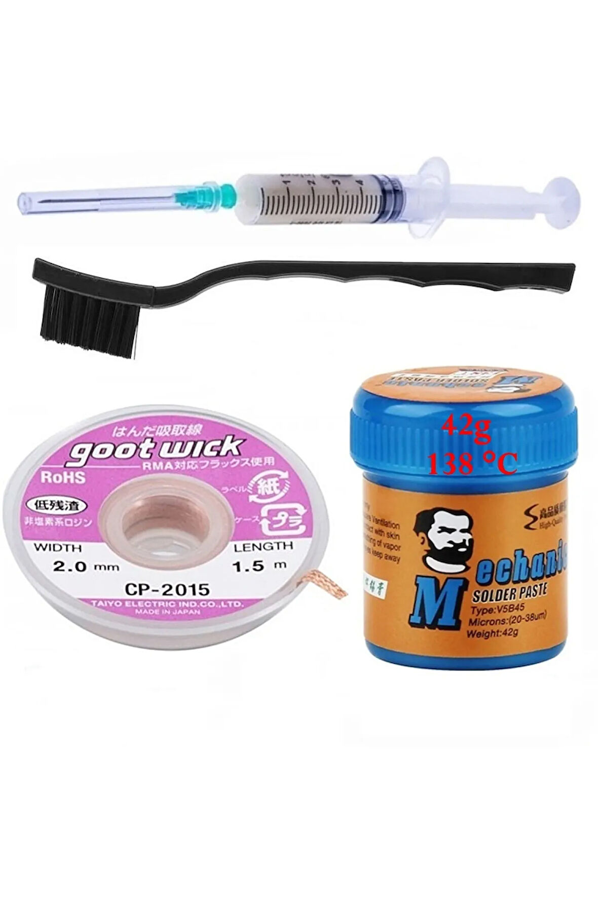 Solder Paste MEChanic 138 DERECE Krem Lehim 42g  Sıvı Lehim ve Flux Lehim Toplama Fırça Seti 2MM 4LÜ